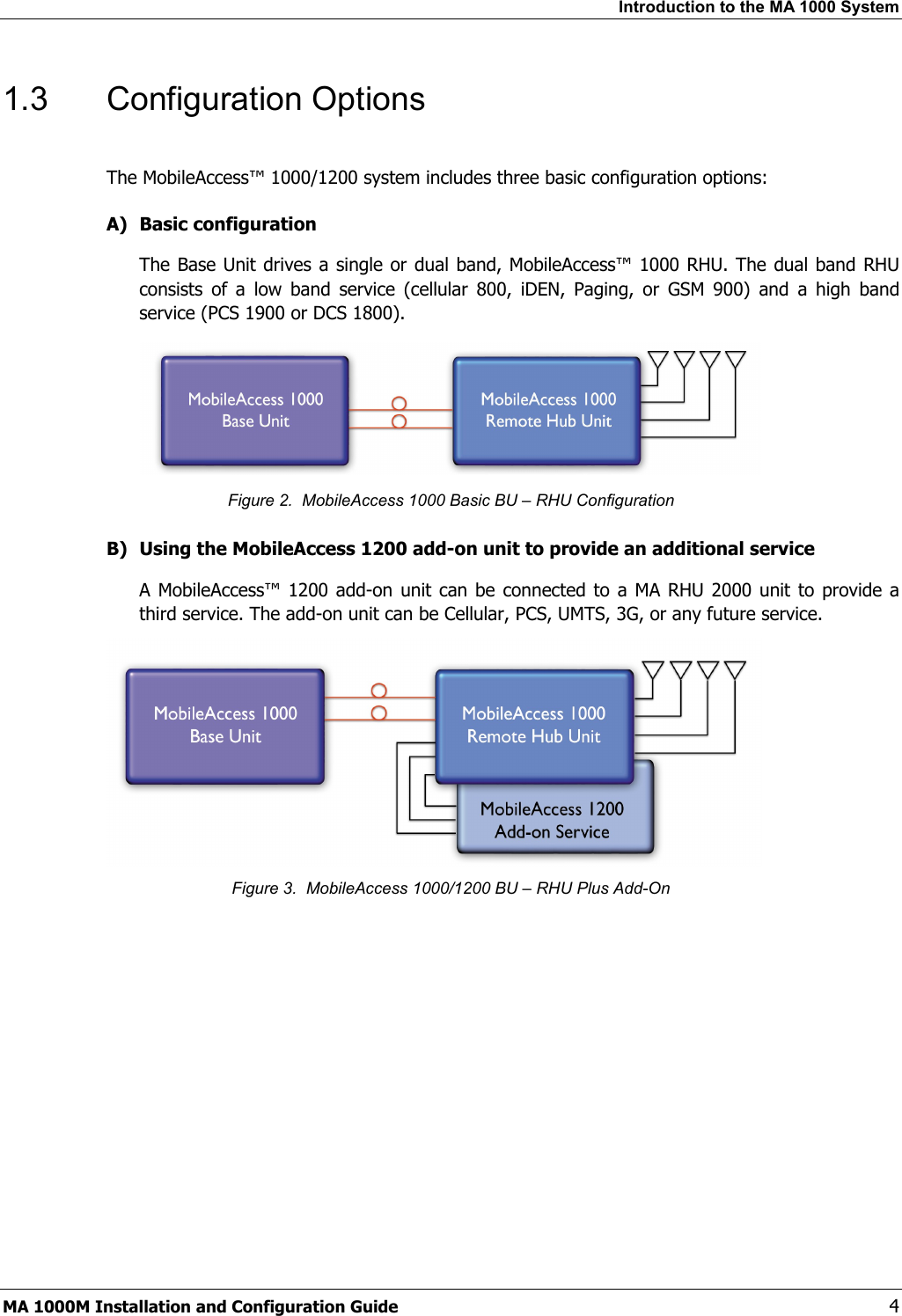 Introduction to the MA 1000 System 1.3 Configuration Options The MobileAccess™ 1000/1200 system includes three basic configuration options: A) Basic configuration The Base Unit drives a single or dual band, MobileAccess™ 1000 RHU. The dual band RHU consists of a low band service (cellular 800, iDEN, Paging, or GSM 900) and a high band service (PCS 1900 or DCS 1800). Figure 2. MobileAccess 1000 Basic BU – RHU Configuration B) Using the MobileAccess 1200 add-on unit to provide an additional service A MobileAccess™ 1200 add-on unit can be connected to a MA RHU 2000 unit to provide a third service. The add-on unit can be Cellular, PCS, UMTS, 3G, or any future service. Figure 3. MobileAccess 1000/1200 BU – RHU Plus Add-On MA 1000M Installation and Configuration Guide 4