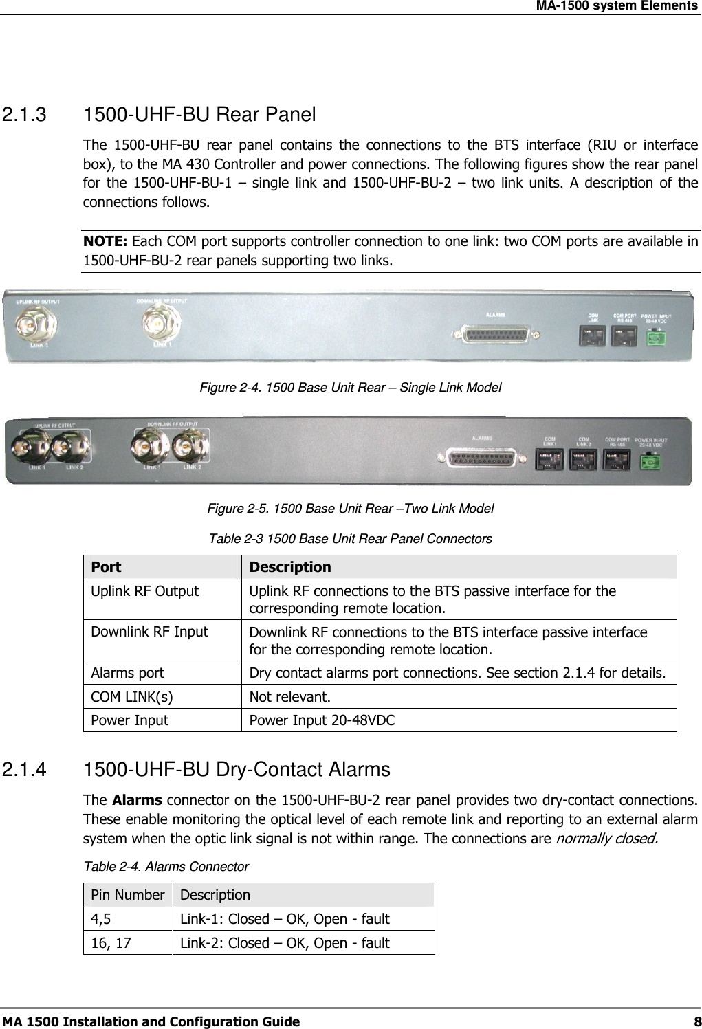 MA-1500 system Elements  MA 1500 Installation and Configuration Guide  8  2.1.3  1500-UHF-BU Rear Panel The  1500-UHF-BU  rear  panel  contains  the  connections  to  the  BTS  interface  (RIU  or  interface box), to the MA 430 Controller and power connections. The following figures show the rear panel for the  1500-UHF-BU-1  –  single  link  and  1500-UHF-BU-2  –  two  link  units.  A  description  of the  connections follows. NOTE: Each COM port supports controller connection to one link: two COM ports are available in 1500-UHF-BU-2 rear panels supporting two links.   Figure  2-4. 1500 Base Unit Rear – Single Link Model  Figure  2-5. 1500 Base Unit Rear –Two Link Model Table  2-3 1500 Base Unit Rear Panel Connectors Port  Description Uplink RF Output   Uplink RF connections to the BTS passive interface for the corresponding remote location. Downlink RF Input  Downlink RF connections to the BTS interface passive interface  for the corresponding remote location. Alarms port  Dry contact alarms port connections. See section  2.1.4 for details. COM LINK(s)   Not relevant. Power Input  Power Input 20-48VDC 2.1.4  1500-UHF-BU Dry-Contact Alarms The Alarms connector on the 1500-UHF-BU-2 rear panel provides two dry-contact connections. These enable monitoring the optical level of each remote link and reporting to an external alarm system when the optic link signal is not within range. The connections are normally closed. Table  2-4. Alarms Connector Pin Number Description 4,5  Link-1: Closed – OK, Open - fault 16, 17  Link-2: Closed – OK, Open - fault  