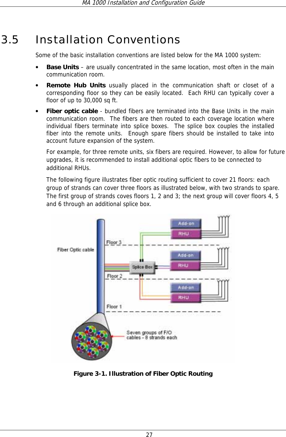 MA 1000 Installation and Configuration Guide  27 3.5 Installation Conventions Some of the basic installation conventions are listed below for the MA 1000 system: • Base Units – are usually concentrated in the same location, most often in the main communication room.  • Remote Hub Units usually placed in the communication shaft or closet of a corresponding floor so they can be easily located.  Each RHU can typically cover a floor of up to 30,000 sq ft.  • Fiber optic cable - bundled fibers are terminated into the Base Units in the main communication room.  The fibers are then routed to each coverage location where individual fibers terminate into splice boxes.  The splice box couples the installed fiber into the remote units.  Enough spare fibers should be installed to take into account future expansion of the system.   For example, for three remote units, six fibers are required. However, to allow for future upgrades, it is recommended to install additional optic fibers to be connected to additional RHUs.  The following figure illustrates fiber optic routing sufficient to cover 21 floors: each group of strands can cover three floors as illustrated below, with two strands to spare. The first group of strands coves floors 1, 2 and 3; the next group will cover floors 4, 5 and 6 through an additional splice box.  Figure  3-1. Illustration of Fiber Optic Routing 