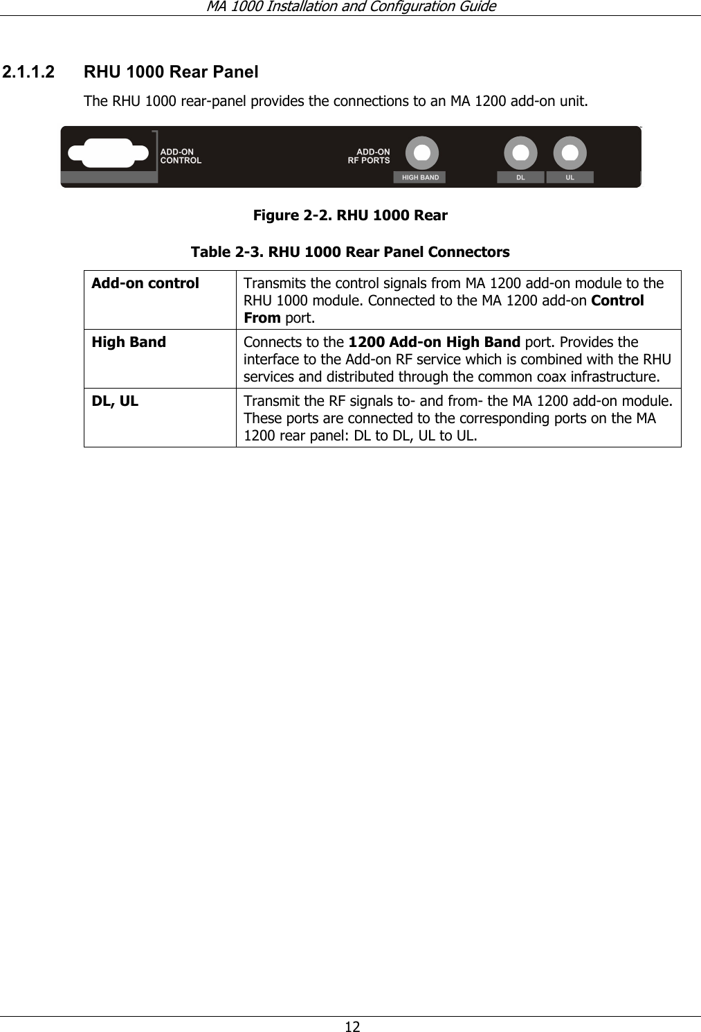 MA 1000 Installation and Configuration Guide 12 2.1.1.2 RHU 1000 Rear Panel The RHU 1000 rear-panel provides the connections to an MA 1200 add-on unit. Figure 2-2. RHU 1000 Rear Table 2-3. RHU 1000 Rear Panel Connectors Add-on control Transmits the control signals from MA 1200 add-on module to the RHU 1000 module. Connected to the MA 1200 add-on Control From port. High Band Connects to the 1200 Add-on High Band port. Provides the interface to the Add-on RF service which is combined with the RHU services and distributed through the common coax infrastructure. DL, UL Transmit the RF signals to- and from- the MA 1200 add-on module. These ports are connected to the corresponding ports on the MA 1200 rear panel: DL to DL, UL to UL.