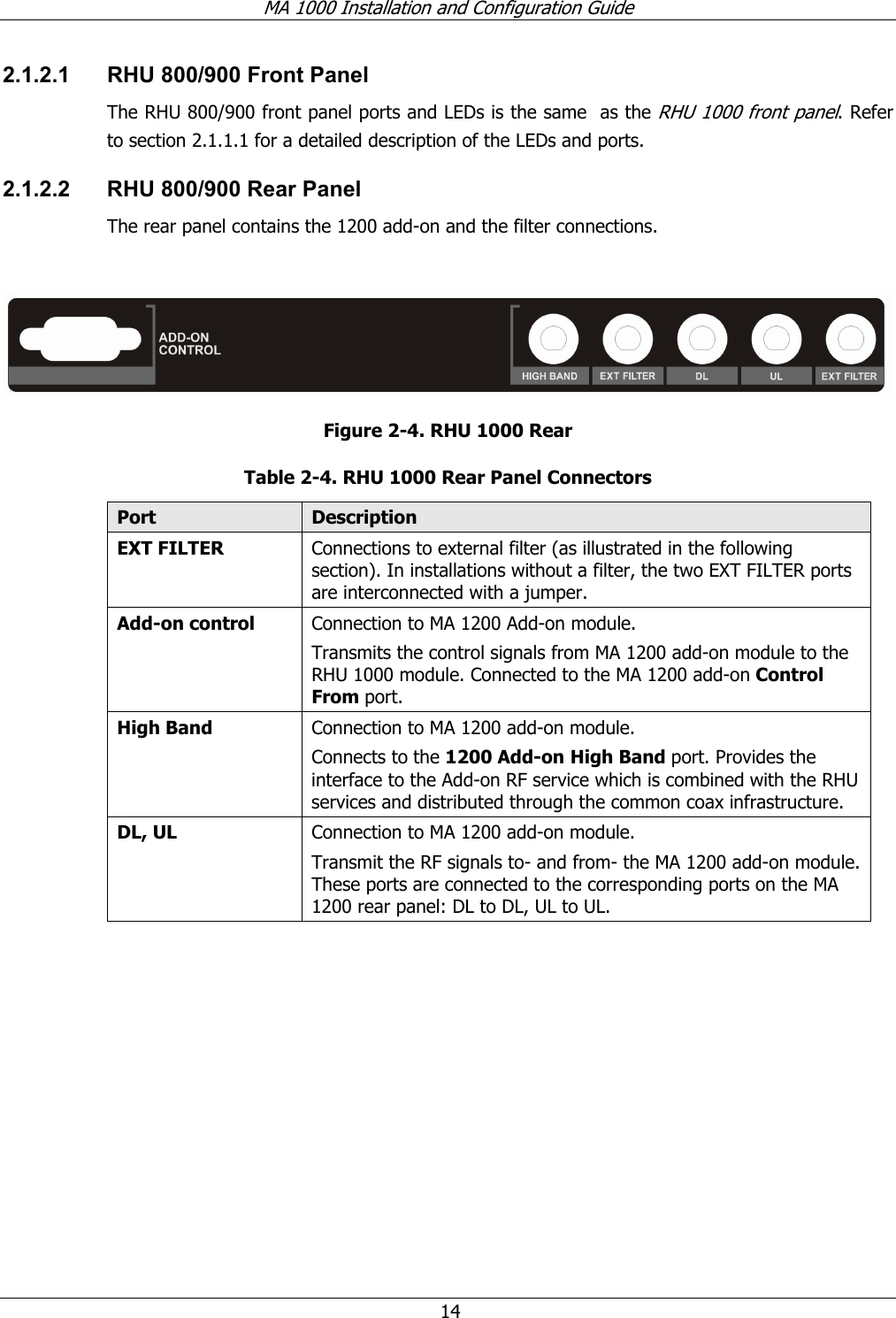 MA 1000 Installation and Configuration Guide 14 2.1.2.1 RHU 800/900 Front Panel The RHU 800/900 front panel ports and LEDs is the same as the RHU 1000 front panel. Refer to section 2.1.1.1 for a detailed description of the LEDs and ports. 2.1.2.2 RHU 800/900 Rear Panel The rear panel contains the 1200 add-on and the filter connections. Figure 2-4. RHU 1000 Rear Table 2-4. RHU 1000 Rear Panel Connectors Port Description EXT FILTER Connections to external filter (as illustrated in the following section). In installations without a filter, the two EXT FILTER ports are interconnected with a jumper. Add-on control Connection to MA 1200 Add-on module. Transmits the control signals from MA 1200 add-on module to the RHU 1000 module. Connected to the MA 1200 add-on Control From port. High Band Connection to MA 1200 add-on module. Connects to the 1200 Add-on High Band port. Provides the interface to the Add-on RF service which is combined with the RHU services and distributed through the common coax infrastructure. DL, UL Connection to MA 1200 add-on module. Transmit the RF signals to- and from- the MA 1200 add-on module. These ports are connected to the corresponding ports on the MA 1200 rear panel: DL to DL, UL to UL.