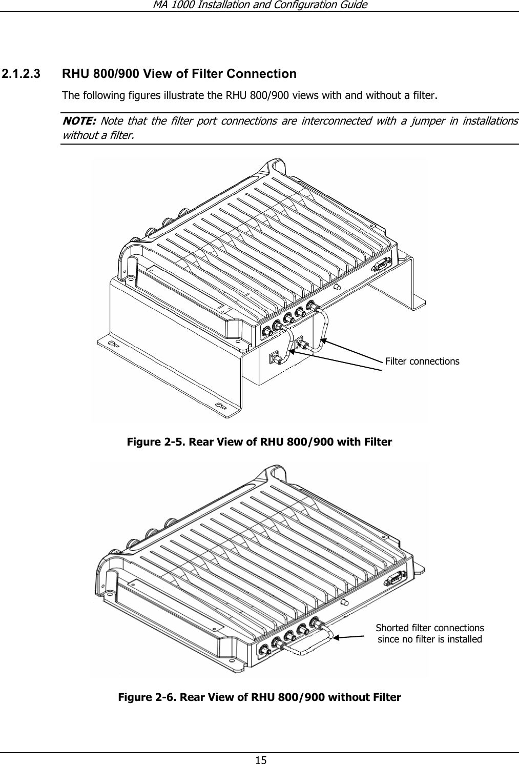MA 1000 Installation and Configuration Guide 15 2.1.2.3 RHU 800/900 View of Filter Connection The following figures illustrate the RHU 800/900 views with and without a filter. NOTE: Note that the filter port connections are interconnected with a jumper in installations without a filter. Figure 2-5. Rear View of RHU 800/900 with Filter Figure 2-6. Rear View of RHU 800/900 without Filter Filter connections Shorted filter connections since no filter is installed