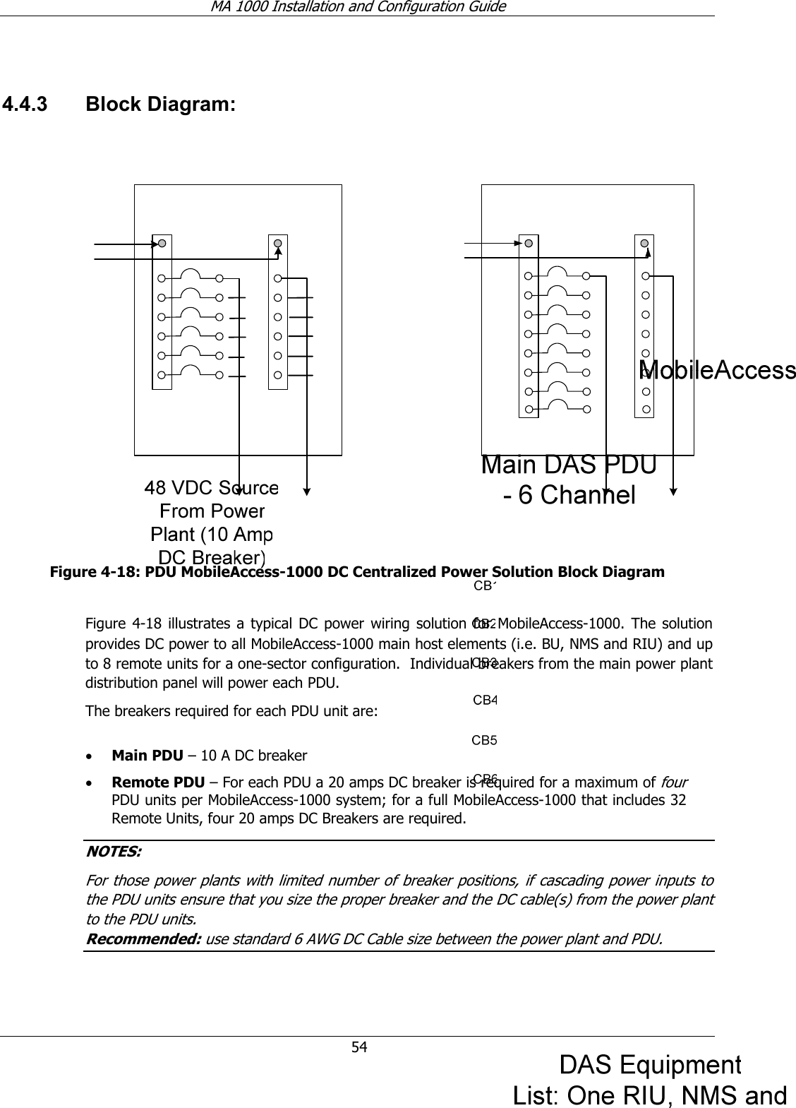 MA 1000 Installation and Configuration Guide 54 4.4.3 Block Diagram: Figure 4-18: PDU MobileAccess-1000 DC Centralized Power Solution Block Diagram Figure 4-18 illustrates a typical DC power wiring solution for MobileAccess-1000. The solution provides DC power to all MobileAccess-1000 main host elements (i.e. BU, NMS and RIU) and up to 8 remote units for a one-sector configuration. Individual breakers from the main power plant distribution panel will power each PDU. The breakers required for each PDU unit are: • Main PDU – 10 A DC breaker • Remote PDU – For each PDU a 20 amps DC breaker is required for a maximum of four PDU units per MobileAccess-1000 system; for a full MobileAccess-1000 that includes 32 Remote Units, four 20 amps DC Breakers are required. NOTES: For those power plants with limited number of breaker positions, if cascading power inputs to the PDU units ensure that you size the proper breaker and the DC cable(s) from the power plant to the PDU units. Recommended: use standard 6 AWG DC Cable size between the power plant and PDU.