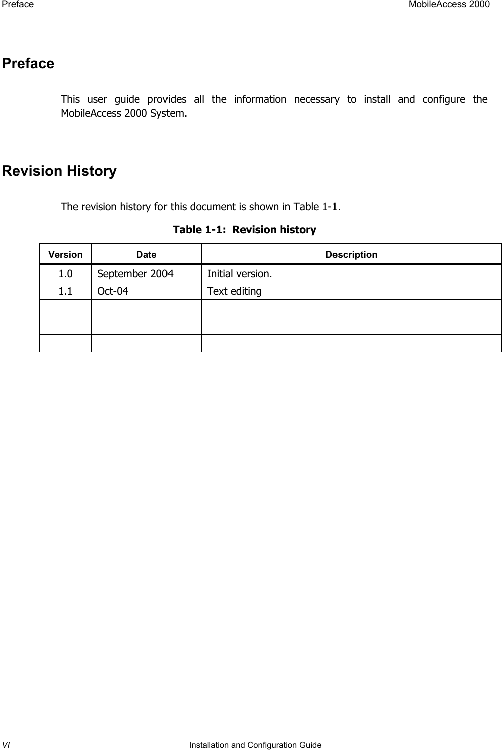 Preface MobileAccess 2000 Preface This user guide provides all the information necessary to install and configure the MobileAccess 2000 System. Revision History The revision history for this document is shown in Table 1-1. Table 1-1: Revision history Version Date Description 1.0 September 2004 Initial version. 1.1 Oct-04 Text editing VI Installation and Configuration Guide