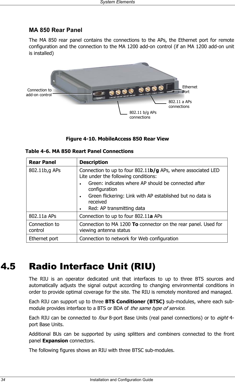 System Elements MA 850 Rear Panel The MA 850 rear panel contains the connections to the APs, the Ethernet port for remote configuration and the connection to the MA 1200 add-on control (if an MA 1200 add-on unit is installed) Ethernet Port Connection toadd-on control802.11 a APs connections 802.11 b/g APs connections Figure 4-10. MobileAccess 850 Rear View Table 4-6. MA 850 Reart Panel Connections Rear Panel Description 802.11b,g APs Connection to up to four 802.11b/g APs, where associated LED Lite under the following conditions: • Green: indicates where AP should be connected after configuration • Green flickering: Link with AP established but no data is received • Red: AP transmitting data 802.11a APs Connection to up to four 802.11a APs Connection to control Connection to MA 1200 To connector on the rear panel. Used for viewing antenna status Ethernet port Connection to network for Web configuration 4.5 Radio Interface Unit (RIU) The RIU is an operator dedicated unit that interfaces to up to three BTS sources and automatically adjusts the signal output according to changing environmental conditions in order to provide optimal coverage for the site. The RIU is remotely monitored and managed. Each RIU can support up to three BTS Conditioner (BTSC) sub-modules, where each sub-module provides interface to a BTS or BDA of the same type of service. Each RIU can be connected to four 8-port Base Units (real panel connections) or to eight 4-port Base Units. Additional BUs can be supported by using splitters and combiners connected to the front panel Expansion connectors. The following figures shows an RIU with three BTSC sub-modules. 34 Installation and Configuration Guide