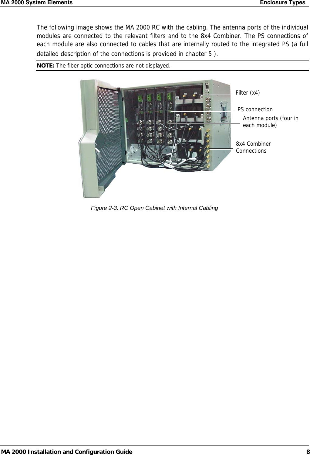 MA 2000 System Elements    Enclosure Types   MA 2000 Installation and Configuration Guide  8 The following image shows the MA 2000 RC with the cabling. The antenna ports of the individual modules are connected to the relevant filters and to the 8x4 Combiner. The PS connections of each module are also connected to cables that are internally routed to the integrated PS (a full detailed description of the connections is provided in chapter  5 ).  NOTE: The fiber optic connections are not displayed.  Figure  2-3. RC Open Cabinet with Internal Cabling 8x4 Combiner Connections Filter (x4) Antenna ports (four in each module) PS connection