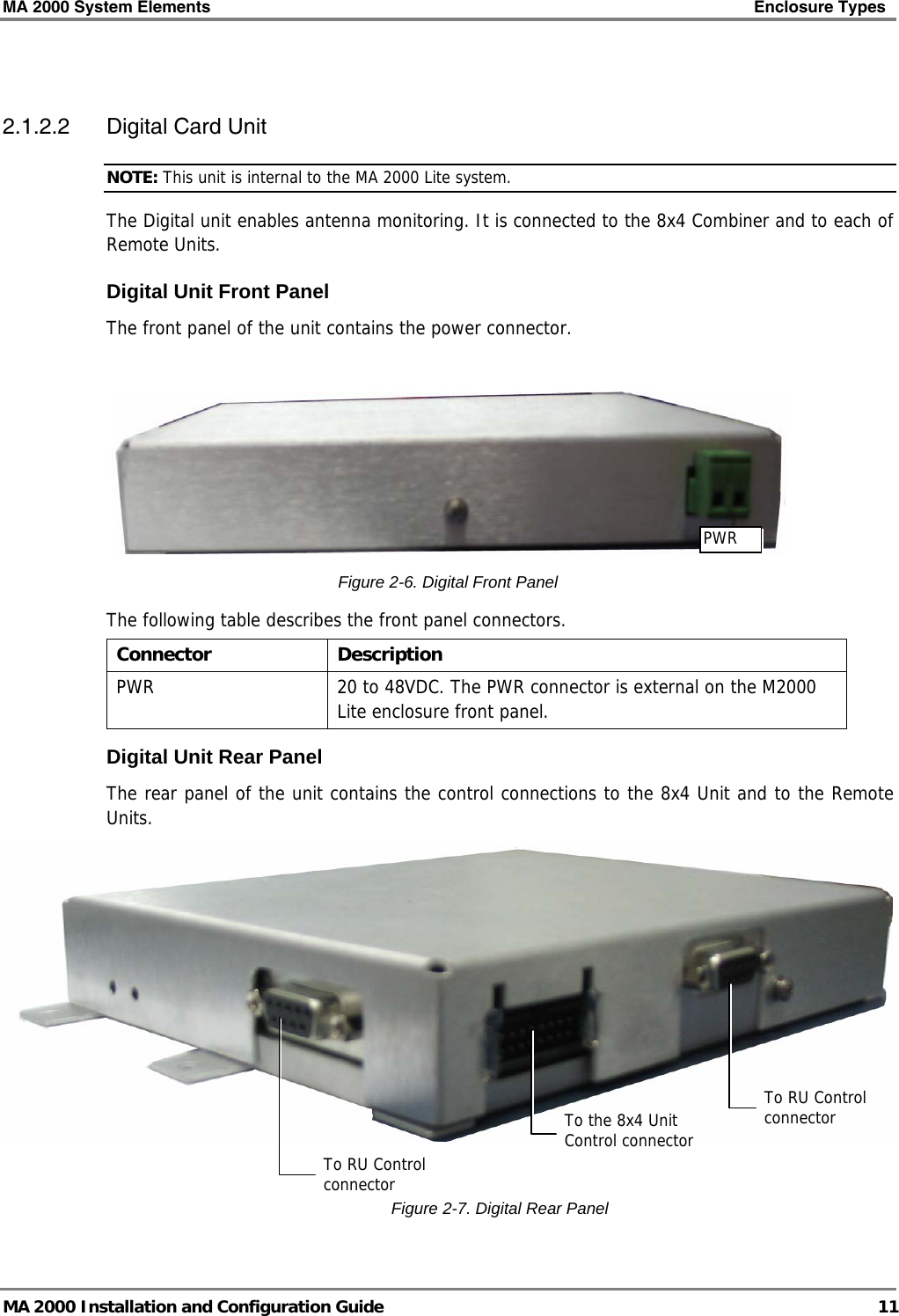 MA 2000 System Elements    Enclosure Types   MA 2000 Installation and Configuration Guide  11  2.1.2.2 Digital Card Unit NOTE: This unit is internal to the MA 2000 Lite system. The Digital unit enables antenna monitoring. It is connected to the 8x4 Combiner and to each of Remote Units.  Digital Unit Front Panel The front panel of the unit contains the power connector.   Figure  2-6. Digital Front Panel The following table describes the front panel connectors. Connector   Description PWR  20 to 48VDC. The PWR connector is external on the M2000 Lite enclosure front panel. Digital Unit Rear Panel The rear panel of the unit contains the control connections to the 8x4 Unit and to the Remote Units.   Figure  2-7. Digital Rear PanelTo the 8x4 Unit Control connector PWR To RU Control connector To RU Control connector 