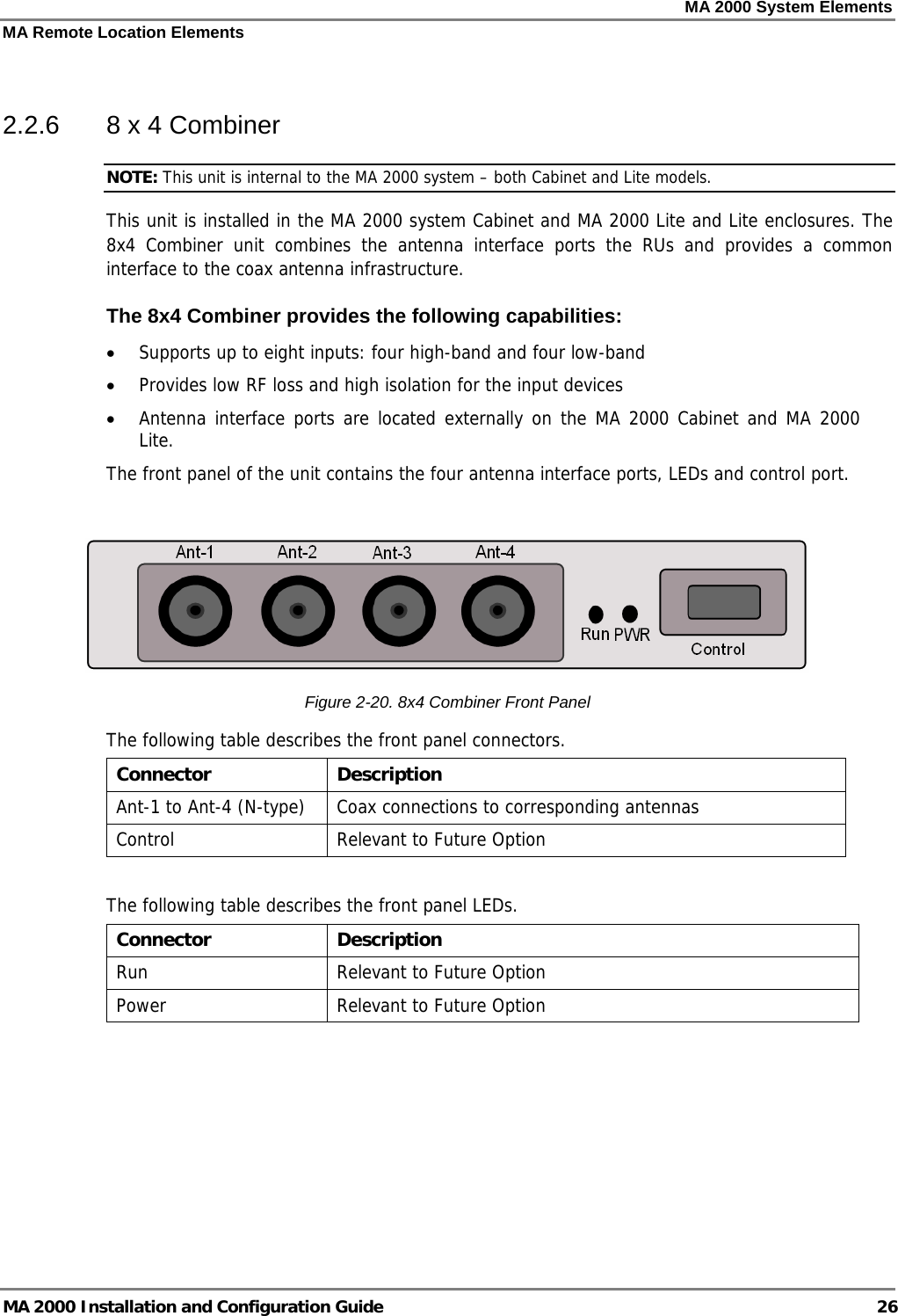 MA 2000 System Elements MA Remote Location Elements MA 2000 Installation and Configuration Guide  26  2.2.6  8 x 4 Combiner NOTE: This unit is internal to the MA 2000 system – both Cabinet and Lite models. This unit is installed in the MA 2000 system Cabinet and MA 2000 Lite and Lite enclosures. The 8x4 Combiner unit combines the antenna interface ports the RUs and provides a common interface to the coax antenna infrastructure. The 8x4 Combiner provides the following capabilities: • Supports up to eight inputs: four high-band and four low-band  • Provides low RF loss and high isolation for the input devices  • Antenna interface ports are located externally on the MA 2000 Cabinet and MA 2000 Lite. The front panel of the unit contains the four antenna interface ports, LEDs and control port.    Figure  2-20. 8x4 Combiner Front Panel The following table describes the front panel connectors. Connector   Description Ant-1 to Ant-4 (N-type)  Coax connections to corresponding antennas Control  Relevant to Future Option  The following table describes the front panel LEDs. Connector   Description Run  Relevant to Future Option Power  Relevant to Future Option  