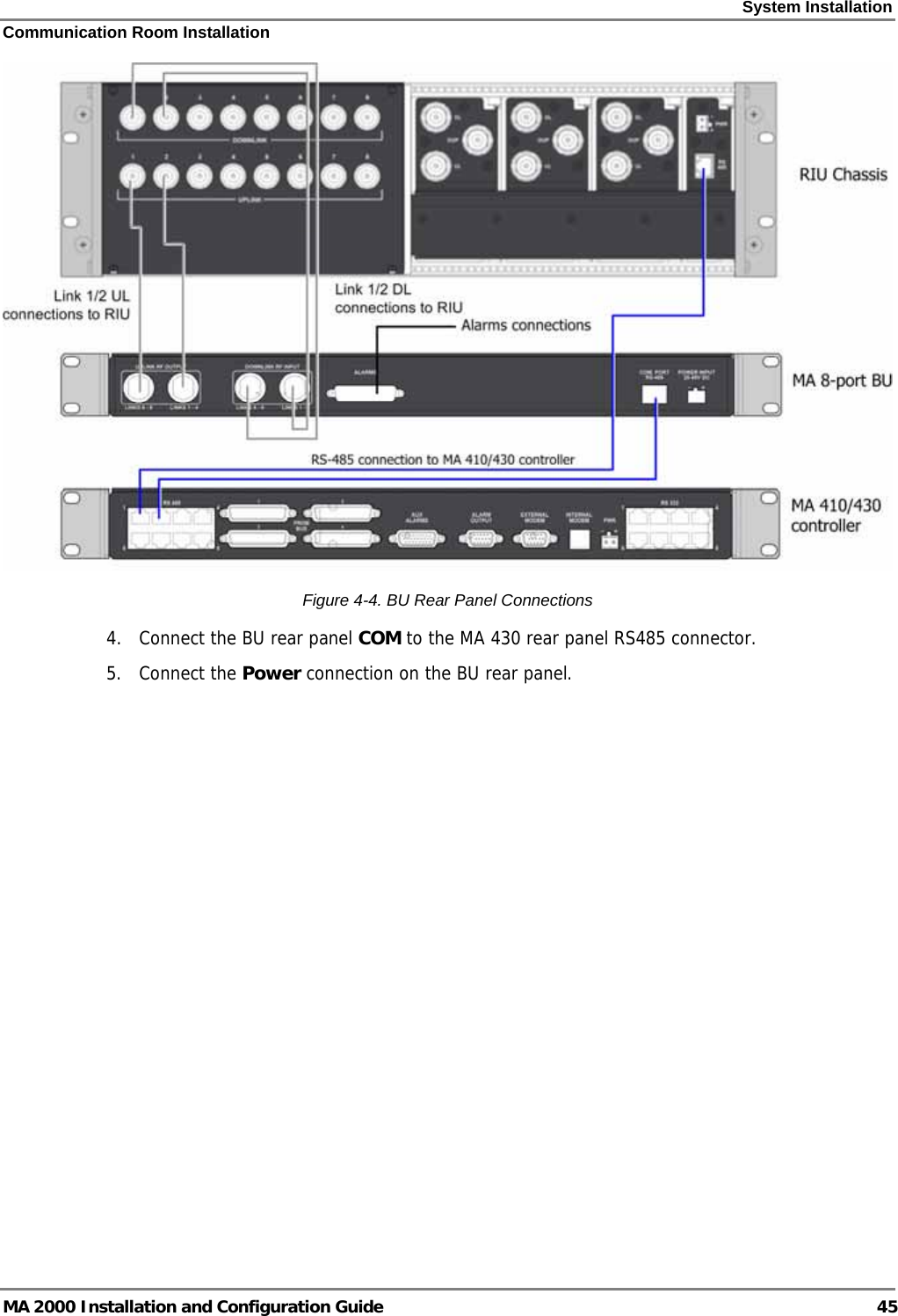 System Installation Communication Room Installation MA 2000 Installation and Configuration Guide  45  Figure  4-4. BU Rear Panel Connections 4.  Connect the BU rear panel COM to the MA 430 rear panel RS485 connector.  5. Connect the Power connection on the BU rear panel. 
