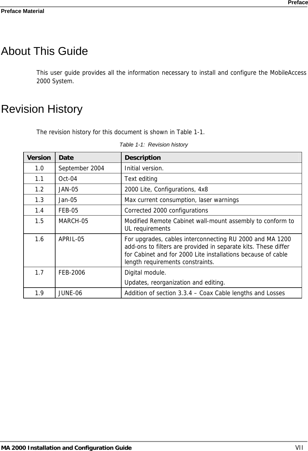    Preface Preface Material      MA 2000 Installation and Configuration Guide    VII  About This Guide This user guide provides all the information necessary to install and configure the MobileAccess 2000 System. Revision History The revision history for this document is shown in Table  1-1. Table  1-1:  Revision history Version  Date  Description 1.0  September 2004  Initial version. 1.1 Oct-04  Text editing 1.2  JAN-05  2000 Lite, Configurations, 4x8 1.3  Jan-05  Max current consumption, laser warnings 1.4  FEB-05  Corrected 2000 configurations 1.5  MARCH-05  Modified Remote Cabinet wall-mount assembly to conform to UL requirements 1.6  APRIL-05  For upgrades, cables interconnecting RU 2000 and MA 1200 add-ons to filters are provided in separate kits. These differ for Cabinet and for 2000 Lite installations because of cable length requirements constraints. 1.7 FEB-2006  Digital module. Updates, reorganization and editing. 1.9  JUNE-06  Addition of section 3.3.4 – Coax Cable lengths and Losses   