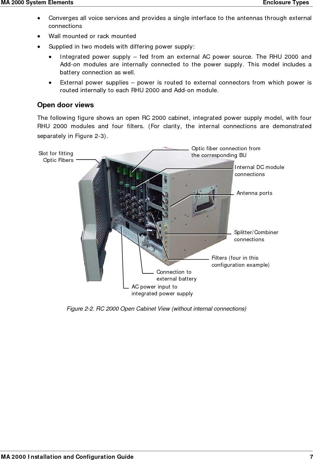 MA 2000 System Elements    Enclosure Types  MA 2000 Installation and Configuration Guide  7 • Converges all voice services and provides a single interface to the antennas through external connections • Wall mounted or rack mounted • Supplied in two models with differing power supply:  • Integrated power supply – fed from an external AC power source. The RHU 2000 and Add-on modules are internally connected to the power supply. This model includes a battery connection as well. • External power supplies – power is routed to external connectors from which power is routed internally to each RHU 2000 and Add-on module.  Open door views The following figure shows an open RC 2000 cabinet, integrated power supply model, with four RHU 2000 modules and four filters. (For clarity, the internal connections are demonstrated separately in Figure  2-3).    Figure  2-2. RC 2000 Open Cabinet View (without internal connections) Optic fiber connection from the corresponding BU Slot for fitting Optic Fibers AC power input to integrated power supplyInternal DC module connections Splitter/Combiner connections Filters (four in this configuration example)Connection to external battery Antenna ports 