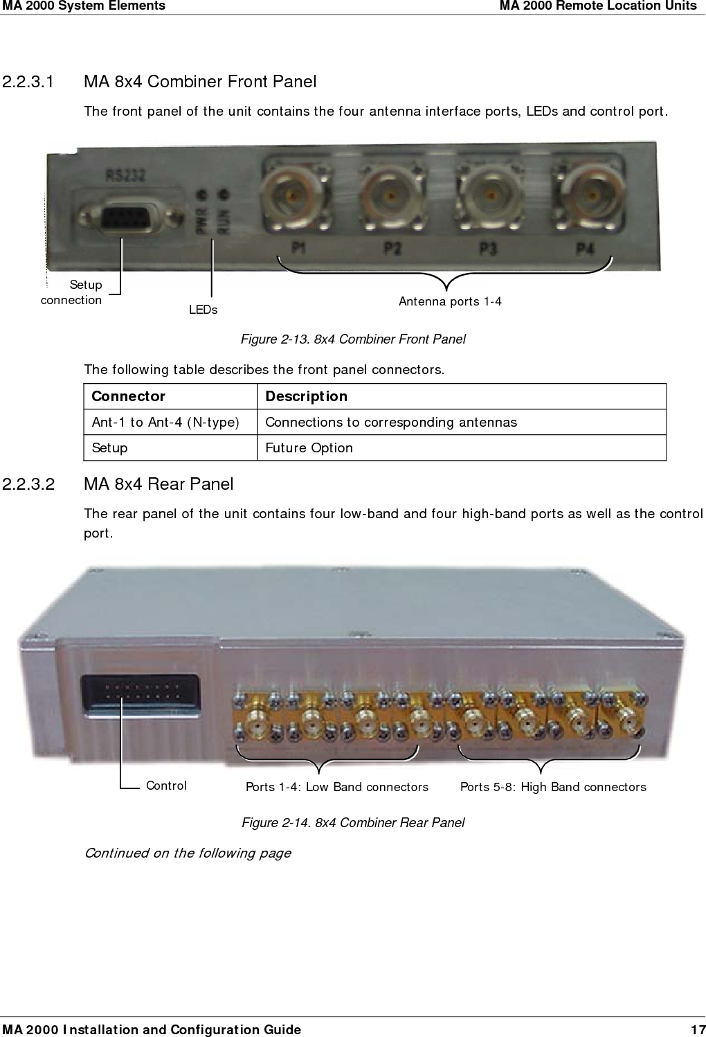 MA 2000 System Elements    MA 2000 Remote Location Units  MA 2000 Installation and Configuration Guide  17  2.2.3.1  MA 8x4 Combiner Front Panel The front panel of the unit contains the four antenna interface ports, LEDs and control port.    Figure  2-13. 8x4 Combiner Front Panel The following table describes the front panel connectors. Connector   Description Ant-1 to Ant-4 (N-type)  Connections to corresponding antennas Setup Future Option 2.2.3.2  MA 8x4 Rear Panel The rear panel of the unit contains four low-band and four high-band ports as well as the control port.   Figure  2-14. 8x4 Combiner Rear Panel Continued on the following page Setup connection Control  Ports 1-4: Low Band connectors  Ports 5-8: High Band connectors Antenna ports 1-4 LEDs 