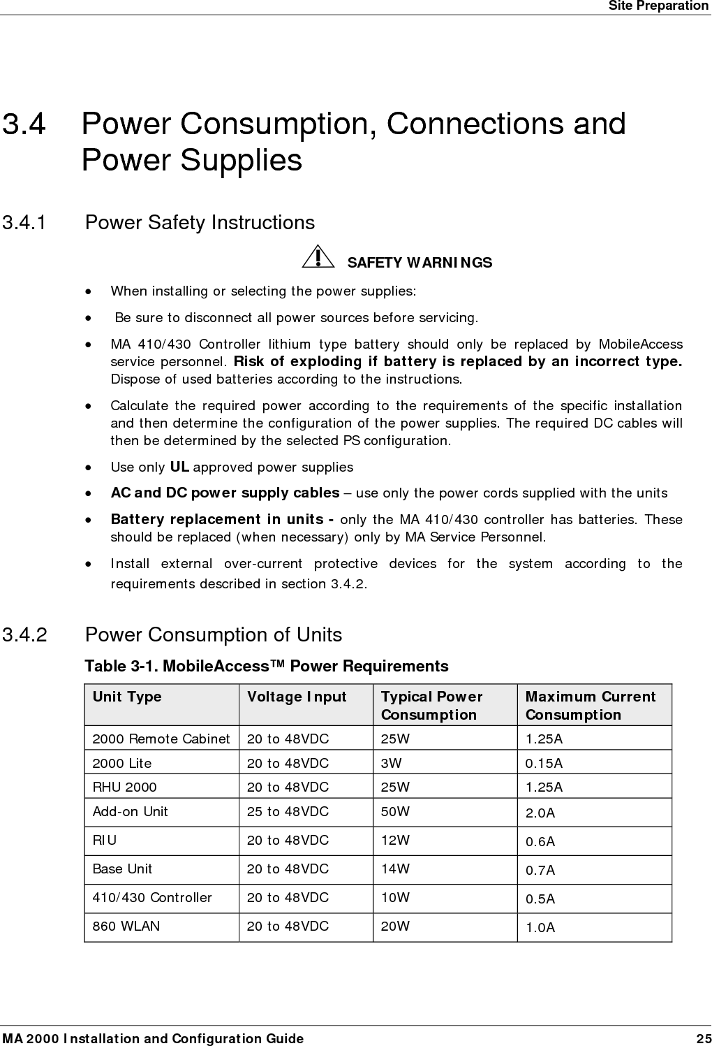 Site Preparation MA 2000 Installation and Configuration Guide  26 3.4.3 Circuit Breakers Install fuse protections for the system according to the following criteria:  • The following system elements require external fuse protection: RIUs, BUs, and 410/430 Controllers. • Referring to Table  3-1, calculate the required fuse protection.  • Example: a set of three elements consisting of a BU, RIU and MA 410/430 controller requires a 2A circuit breaker.  3.4.4  Types of Power Supplies MobileAccess supplies various power supplies that can be installed in a rack or mounted on a wall, depending on your configuration.   NOTE: Refer to Appendix II, section  0 for list of power supplies. 3.5 Installation Conventions Some of the basic installation conventions are listed below for the MA 2000 system: • Base Units – are usually concentrated in the same location, most often in the main communication room.  • Remote Cabinet/Lite – usually placed in the communication shaft or closet of a corresponding floor so they can be easily located.  Each cabinet (or 2000 Lite) can typically cover a floor of up to 30,000 sq ft.  • Fiber optic cable - bundled fibers are terminated into the Base Units in the main communication room.  The fibers are then routed to each coverage locations where individual fibers terminate into splice boxes.  The splice box couples the installed fiber into the remote units.  Enough spare fibers should be installed to take into account future expansion of the system.   For example, for three remote units, six fibers are required. However, to allow for future expansion, it is recommended to install additional optic fibers to be connected to additional RHUs.   Continued on the following page... 