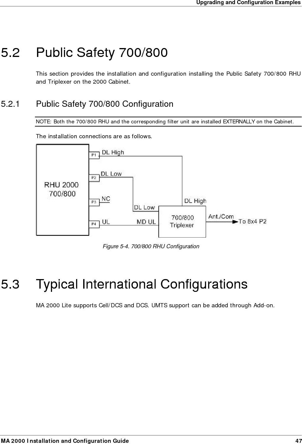Upgrading and Configuration Examples MA 2000 Installation and Configuration Guide  47  5.2  Public Safety 700/800 This section provides the installation and configuration installing the Public Safety 700/800 RHU and Triplexer on the 2000 Cabinet.  5.2.1  Public Safety 700/800 Configuration NOTE: Both the 700/800 RHU and the corresponding filter unit are installed EXTERNALLY on the Cabinet. The installation connections are as follows.  Figure  5-4. 700/800 RHU Configuration  5.3  Typical International Configurations MA 2000 Lite supports Cell/DCS and DCS. UMTS support can be added through Add-on.  