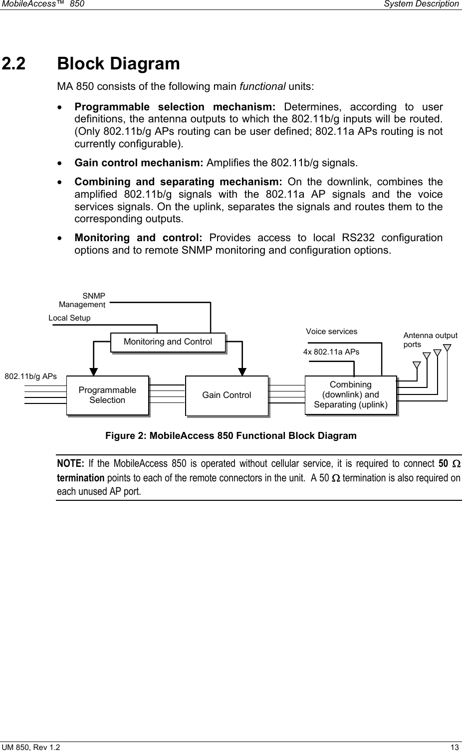 MobileAccess™  850    System Description  UM 850, Rev 1.2    13 2.2 Block Diagram MA 850 consists of the following main functional units: •  Programmable selection mechanism: Determines, according to user definitions, the antenna outputs to which the 802.11b/g inputs will be routed. (Only 802.11b/g APs routing can be user defined; 802.11a APs routing is not currently configurable). •  Gain control mechanism: Amplifies the 802.11b/g signals. •  Combining and separating mechanism: On the downlink, combines the amplified 802.11b/g signals with the 802.11a AP signals and the voice services signals. On the uplink, separates the signals and routes them to the corresponding outputs. •  Monitoring and control: Provides access to local RS232 configuration options and to remote SNMP monitoring and configuration options.   Programmable Selection  Gain Control  Combining (downlink) and Separating (uplink) Monitoring and Control 802.11b/g APs Antenna output ports Voice services 4x 802.11a APs SNMPManagementLocal Setup Figure 2: MobileAccess 850 Functional Block Diagram NOTE:  If the MobileAccess 850 is operated without cellular service, it is required to connect 50  Ω termination points to each of the remote connectors in the unit.  A 50 Ω termination is also required on each unused AP port. 