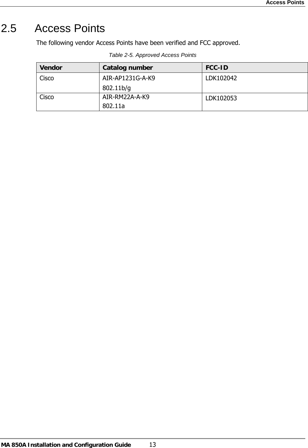 Access Points MA 850A Installation and Configuration Guide  13 2.5 Access Points The following vendor Access Points have been verified and FCC approved.   Table  2-5. Approved Access Points Vendor  Catalog number  FCC-ID Cisco  AIR-AP1231G-A-K9 802.11b/g LDK102042 Cisco  AIR-RM22A-A-K9 802.11a LDK102053 