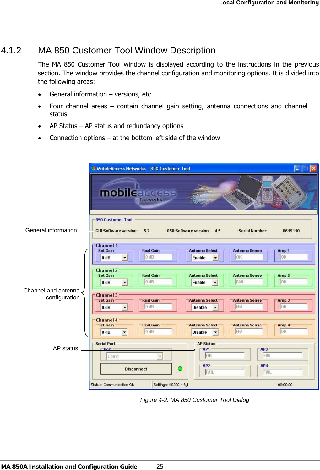 Local Configuration and Monitoring MA 850A Installation and Configuration Guide  25  4.1.2  MA 850 Customer Tool Window Description The MA 850 Customer Tool window is displayed according to the instructions in the previous section. The window provides the channel configuration and monitoring options. It is divided into the following areas: • General information – versions, etc. • Four channel areas – contain channel gain setting, antenna connections and channel status • AP Status – AP status and redundancy options • Connection options – at the bottom left side of the window     Figure  4-2. MA 850 Customer Tool Dialog General information Channel and antenna configuration AP status 
