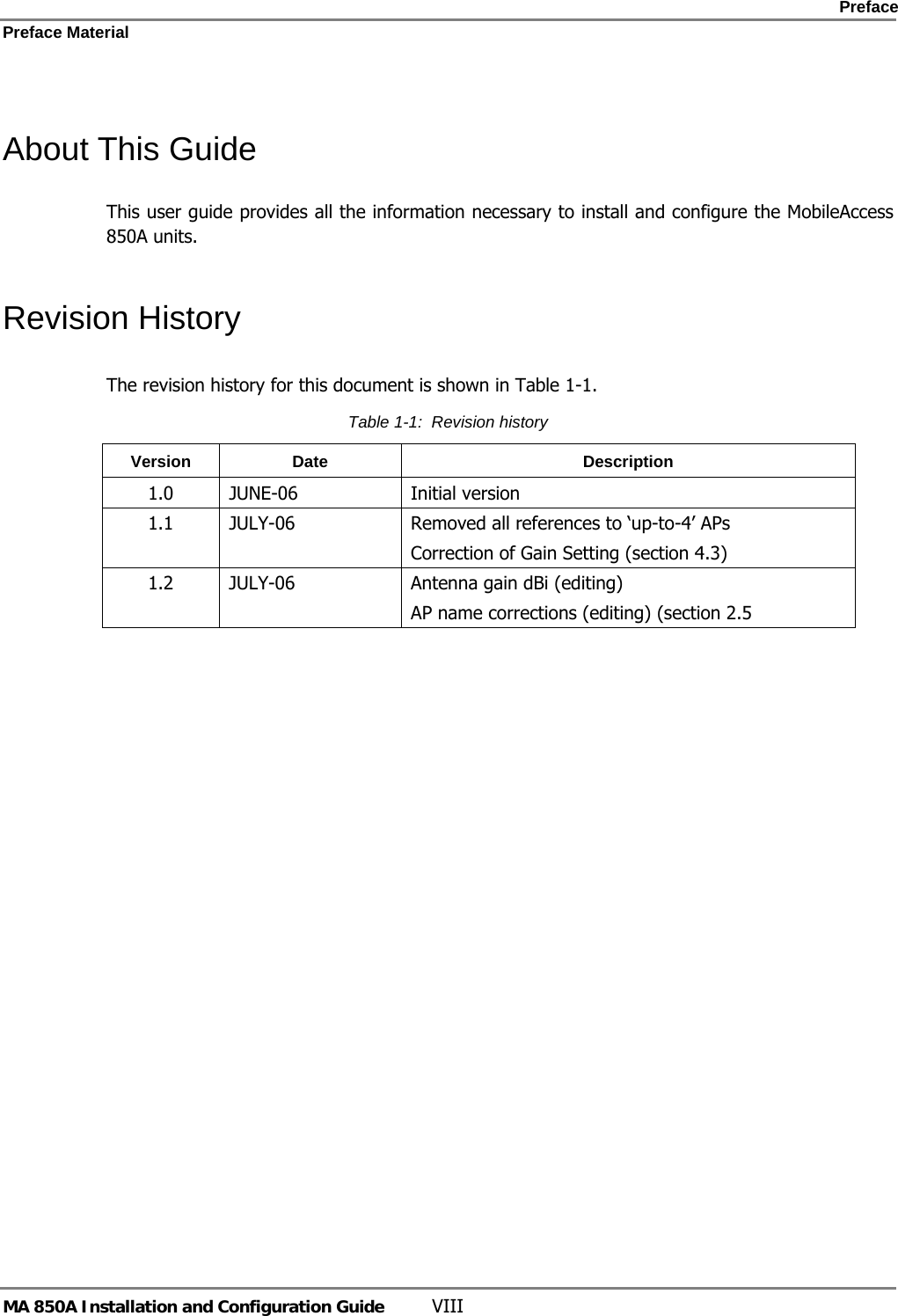    Preface Preface Material      MA 850A Installation and Configuration Guide  VIII  About This Guide This user guide provides all the information necessary to install and configure the MobileAccess 850A units.  Revision History The revision history for this document is shown in Table  1-1. Table  1-1:  Revision history Version Date  Description 1.0 JUNE-06  Initial version 1.1  JULY-06  Removed all references to ‘up-to-4’ APs Correction of Gain Setting (section 4.3) 1.2  JULY-06  Antenna gain dBi (editing) AP name corrections (editing) (section 2.5   