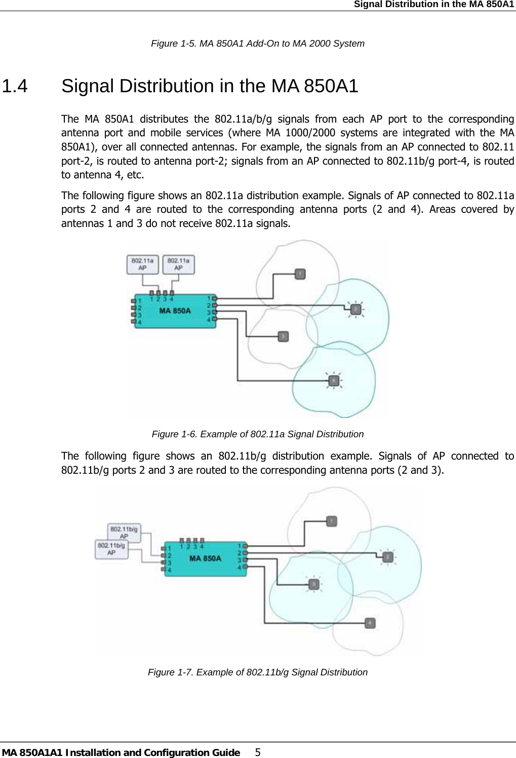 Signal Distribution in the MA 850A1 MA 850A1A1 Installation and Configuration Guide  5 Figure  1-5. MA 850A1 Add-On to MA 2000 System 1.4  Signal Distribution in the MA 850A1 The MA 850A1 distributes the 802.11a/b/g signals from each AP port to the corresponding antenna port and mobile services (where MA 1000/2000 systems are integrated with the MA 850A1), over all connected antennas. For example, the signals from an AP connected to 802.11 port-2, is routed to antenna port-2; signals from an AP connected to 802.11b/g port-4, is routed to antenna 4, etc.  The following figure shows an 802.11a distribution example. Signals of AP connected to 802.11a ports 2 and 4 are routed to the corresponding antenna ports (2 and 4). Areas covered by antennas 1 and 3 do not receive 802.11a signals.  Figure  1-6. Example of 802.11a Signal Distribution The following figure shows an 802.11b/g distribution example. Signals of AP connected to 802.11b/g ports 2 and 3 are routed to the corresponding antenna ports (2 and 3).   Figure  1-7. Example of 802.11b/g Signal Distribution 
