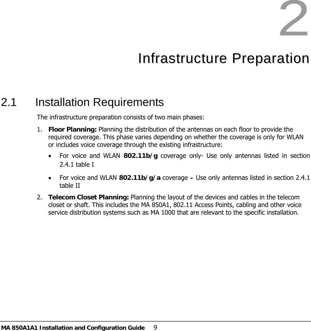 MA 850A1A1 Installation and Configuration Guide  9  2  IInnffrraassttrruuccttuurree  PPrreeppaarraattiioonn   2.1 Installation Requirements The infrastructure preparation consists of two main phases: 1. Floor Planning: Planning the distribution of the antennas on each floor to provide the required coverage. This phase varies depending on whether the coverage is only for WLAN or includes voice coverage through the existing infrastructure: • For voice and WLAN 802.11b/g coverage only- Use only antennas listed in section  2.4.1 table I • For voice and WLAN 802.11b/g/a coverage – Use only antennas listed in section  2.4.1 table II 2. Telecom Closet Planning: Planning the layout of the devices and cables in the telecom closet or shaft. This includes the MA 850A1, 802.11 Access Points, cabling and other voice service distribution systems such as MA 1000 that are relevant to the specific installation. 