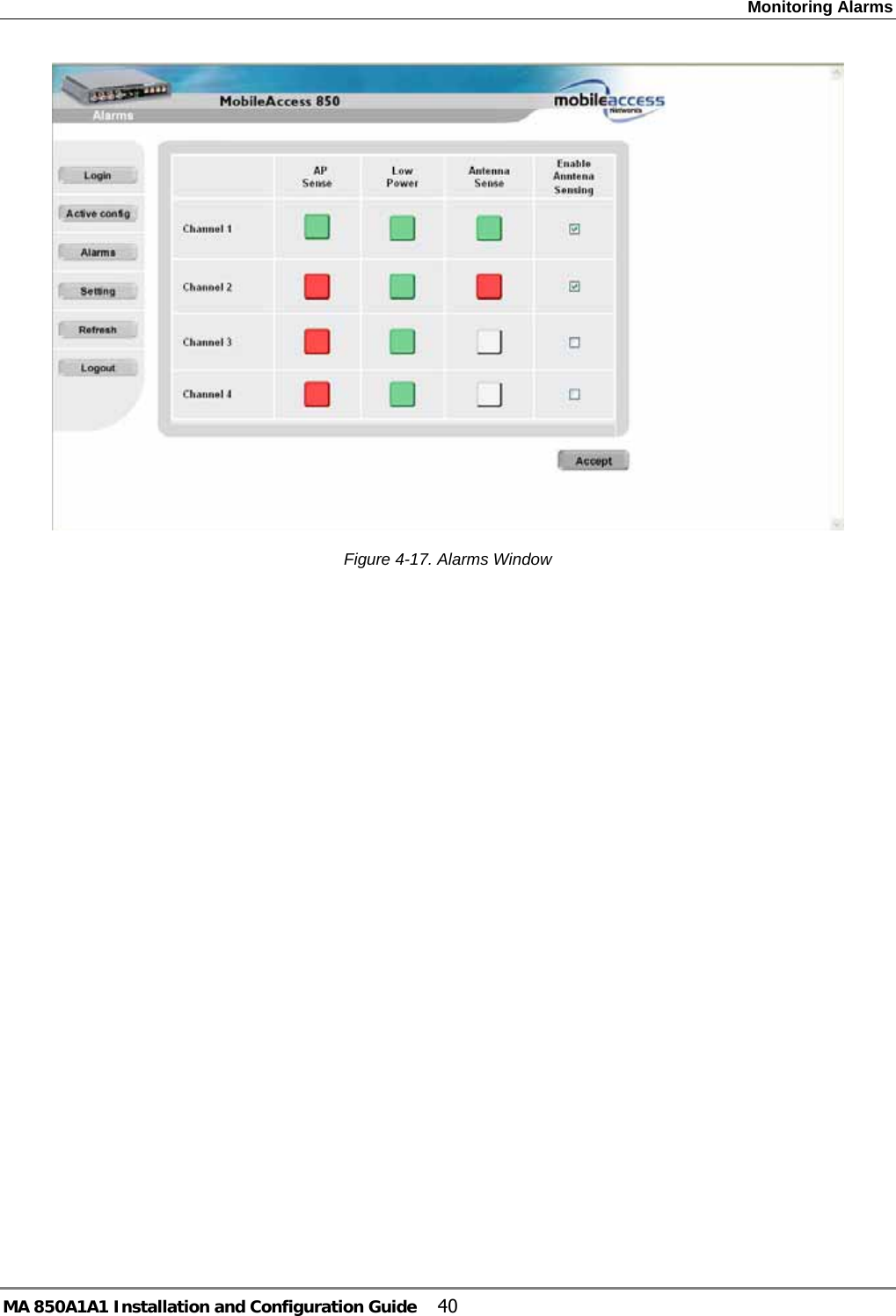 Monitoring Alarms MA 850A1A1 Installation and Configuration Guide  40  Figure  4-17. Alarms Window   