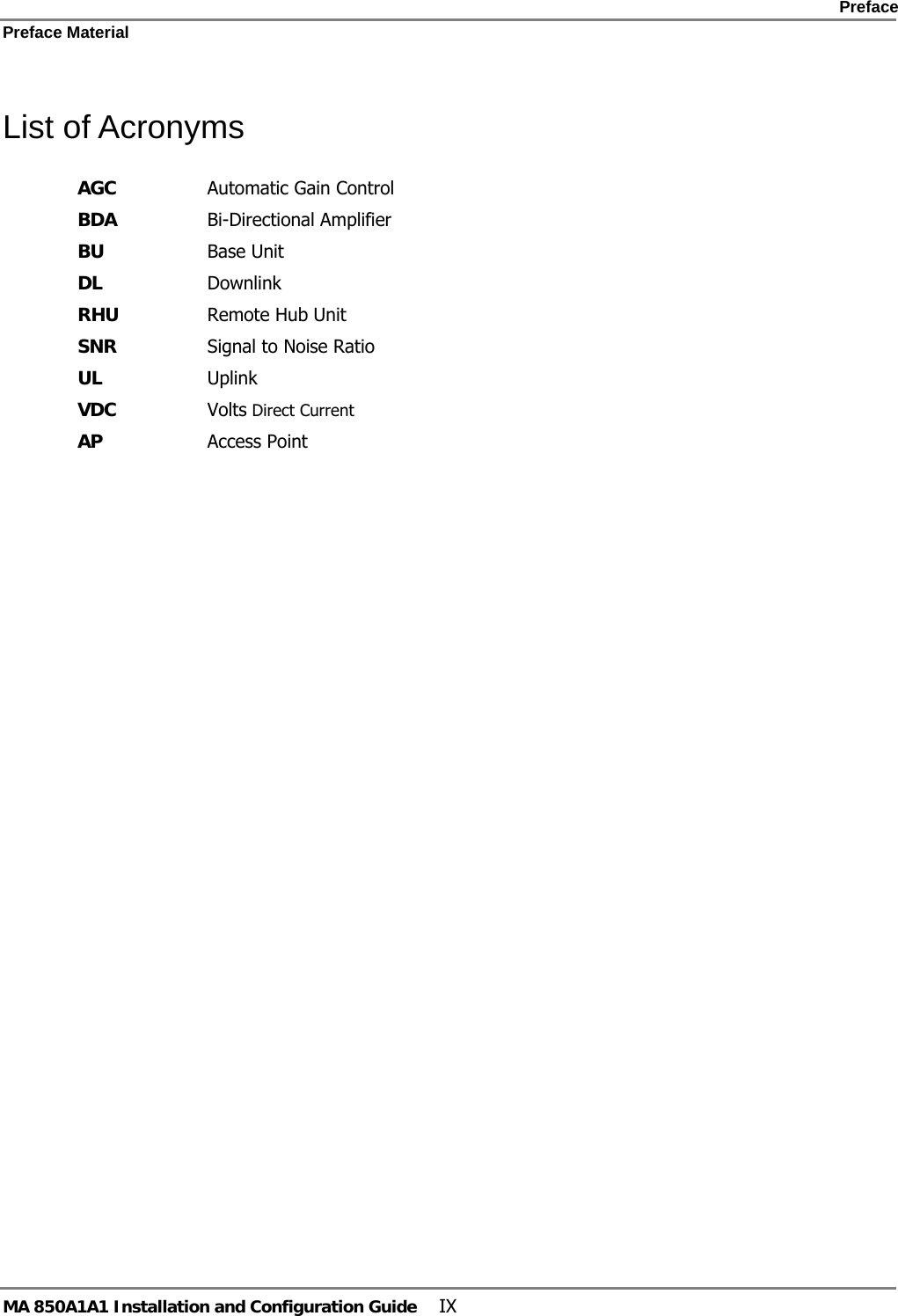    Preface Preface Material      MA 850A1A1 Installation and Configuration Guide  IX List of Acronyms AGC  Automatic Gain Control BDA  Bi-Directional Amplifier BU  Base Unit DL Downlink RHU  Remote Hub Unit SNR  Signal to Noise Ratio UL  Uplink VDC  Volts Direct Current AP  Access Point 