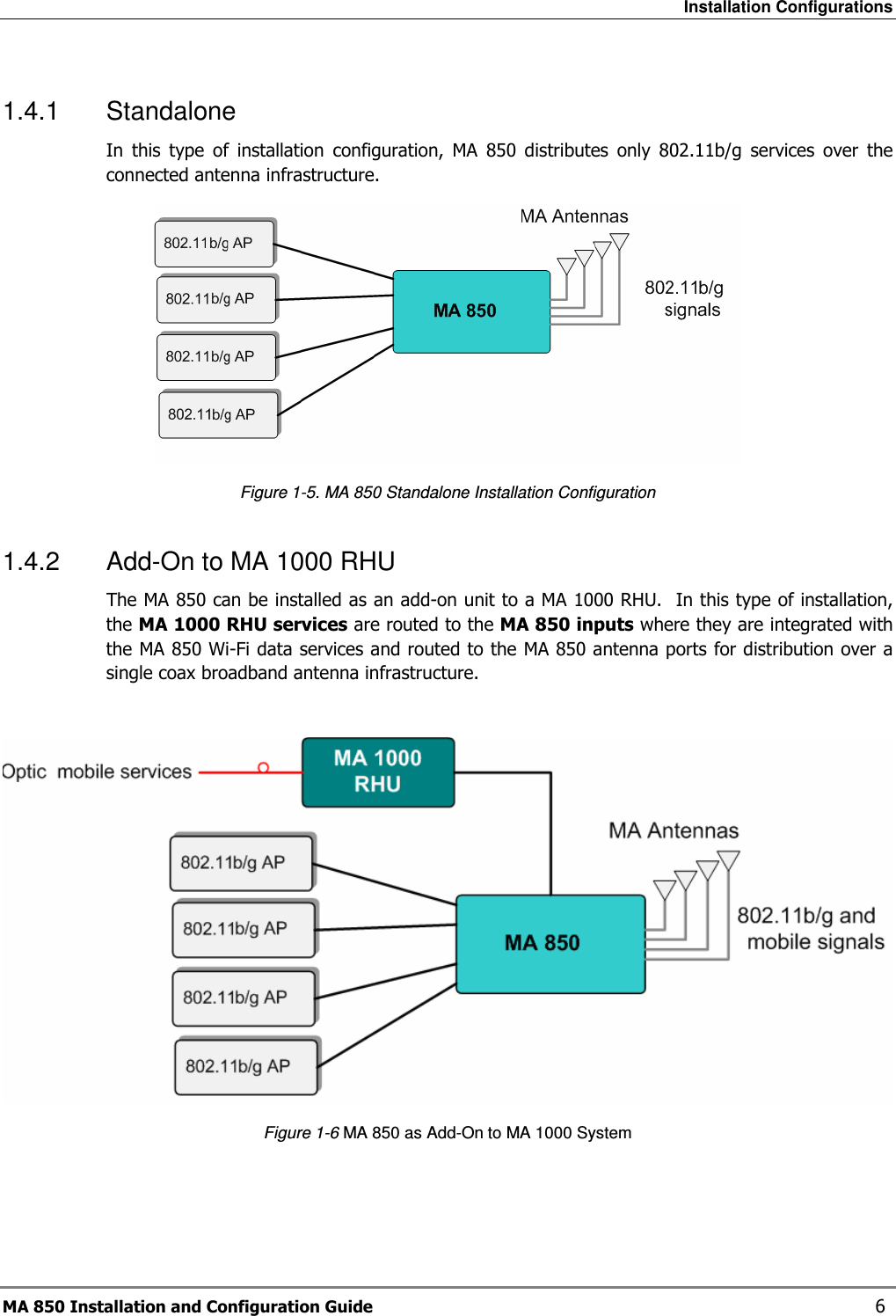 Installation Configurations MA 850 Installation and Configuration Guide    6 1.4.1  Standalone In  this  type  of  installation  configuration,  MA  850  distributes  only  802.11b/g  services  over  the connected antenna infrastructure.  Figure  1-5. MA 850 Standalone Installation Configuration 1.4.2  Add-On to MA 1000 RHU The MA 850 can be installed as an add-on unit to a MA 1000 RHU.  In this type of installation, the MA 1000 RHU services are routed to the MA 850 inputs where they are integrated with the MA 850 Wi-Fi data services and routed to the MA 850 antenna ports for distribution over a single coax broadband antenna infrastructure.    Figure  1-6 MA 850 as Add-On to MA 1000 System 