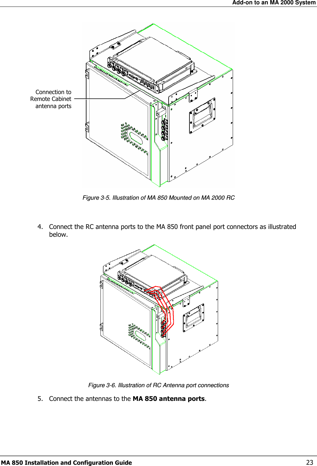 Add-on to an MA 2000 System MA 850 Installation and Configuration Guide    23  Figure  3-5. Illustration of MA 850 Mounted on MA 2000 RC  4. Connect the RC antenna ports to the MA 850 front panel port connectors as illustrated below.   Figure  3-6. Illustration of RC Antenna port connections 5. Connect the antennas to the MA 850 antenna ports.Connection to Remote Cabinet antenna ports 