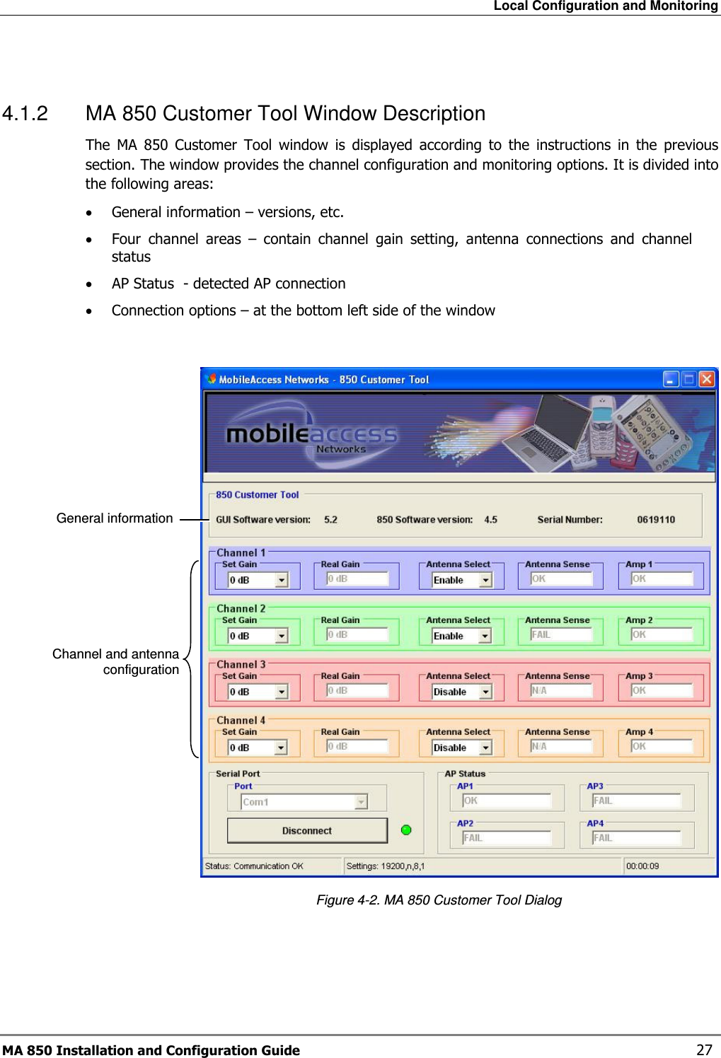 Local Configuration and Monitoring MA 850 Installation and Configuration Guide    27  4.1.2  MA 850 Customer Tool Window Description The  MA  850  Customer  Tool  window  is  displayed  according  to  the  instructions  in  the  previous section. The window provides the channel configuration and monitoring options. It is divided into the following areas: • General information – versions, etc. • Four  channel  areas  –  contain  channel  gain  setting,  antenna  connections  and  channel status • AP Status  - detected AP connection  • Connection options – at the bottom left side of the window      Figure  4-2. MA 850 Customer Tool Dialog General information  Channel and antenna configuration 