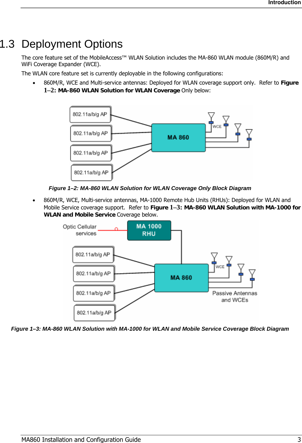 Introduction  MA860 Installation and Configuration Guide   3  1.3 Deployment Options The core feature set of the MobileAccess™ WLAN Solution includes the MA-860 WLAN module (860M/R) and WiFi Coverage Expander (WCE). The WLAN core feature set is currently deployable in the following configurations: • 860M/R, WCE and Multi-service antennas: Deployed for WLAN coverage support only.  Refer to Figure  1–2: MA-860 WLAN Solution for WLAN Coverage Only below:   Figure  1–2: MA-860 WLAN Solution for WLAN Coverage Only Block Diagram • 860M/R, WCE, Multi-service antennas, MA-1000 Remote Hub Units (RHUs): Deployed for WLAN and Mobile Service coverage support.  Refer to Figure  1–3: MA-860 WLAN Solution with MA-1000 for WLAN and Mobile Service Coverage below.  Figure  1–3: MA-860 WLAN Solution with MA-1000 for WLAN and Mobile Service Coverage Block Diagram 