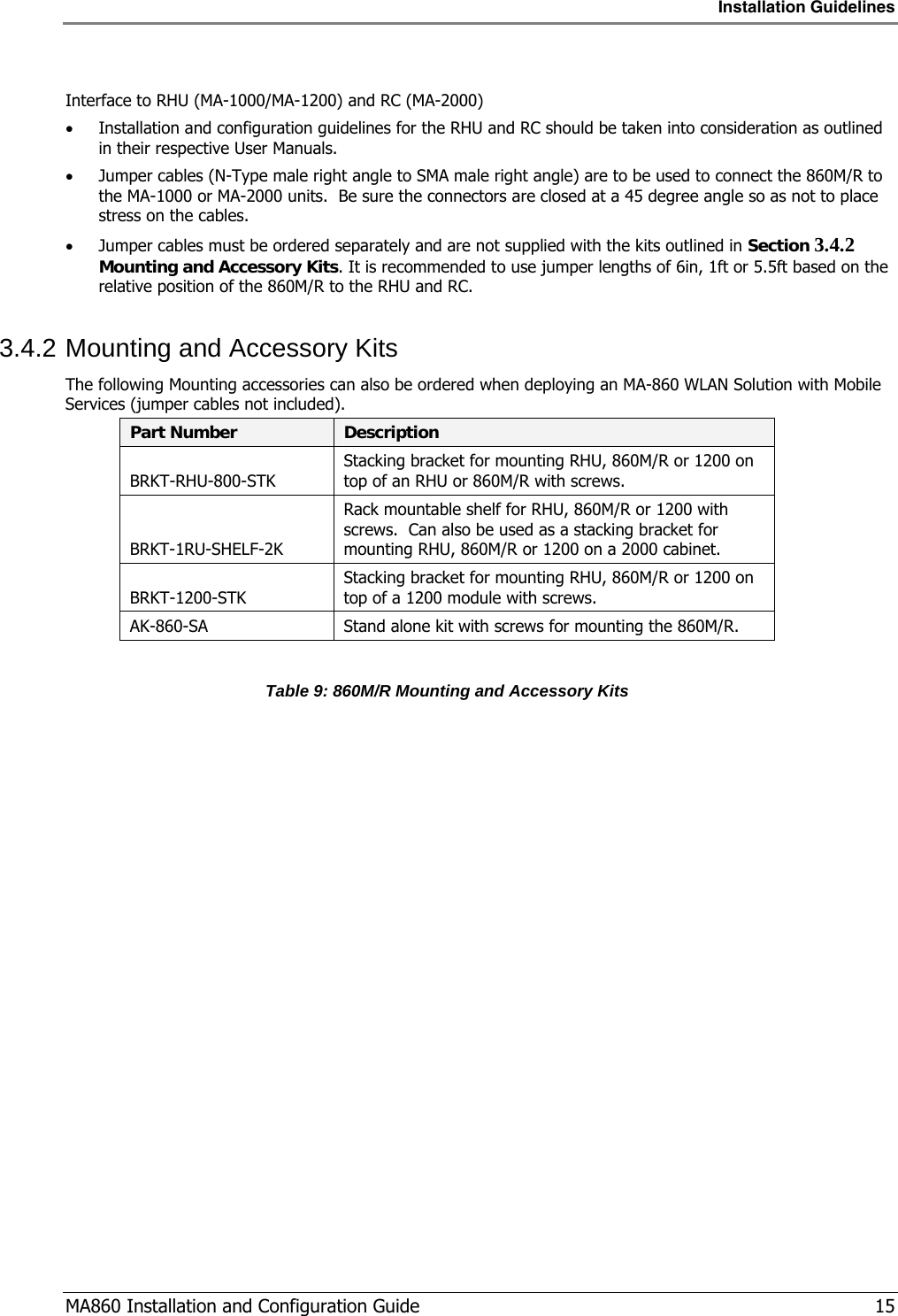 Installation Guidelines  MA860 Installation and Configuration Guide   15  Interface to RHU (MA-1000/MA-1200) and RC (MA-2000) • Installation and configuration guidelines for the RHU and RC should be taken into consideration as outlined in their respective User Manuals. • Jumper cables (N-Type male right angle to SMA male right angle) are to be used to connect the 860M/R to the MA-1000 or MA-2000 units.  Be sure the connectors are closed at a 45 degree angle so as not to place stress on the cables. • Jumper cables must be ordered separately and are not supplied with the kits outlined in Section  3.4.2 Mounting and Accessory Kits. It is recommended to use jumper lengths of 6in, 1ft or 5.5ft based on the relative position of the 860M/R to the RHU and RC. 3.4.2 Mounting and Accessory Kits The following Mounting accessories can also be ordered when deploying an MA-860 WLAN Solution with Mobile Services (jumper cables not included). Part Number  Description BRKT-RHU-800-STK Stacking bracket for mounting RHU, 860M/R or 1200 on top of an RHU or 860M/R with screws. BRKT-1RU-SHELF-2K Rack mountable shelf for RHU, 860M/R or 1200 with screws.  Can also be used as a stacking bracket for mounting RHU, 860M/R or 1200 on a 2000 cabinet. BRKT-1200-STK Stacking bracket for mounting RHU, 860M/R or 1200 on top of a 1200 module with screws. AK-860-SA  Stand alone kit with screws for mounting the 860M/R.  Table 9: 860M/R Mounting and Accessory Kits 