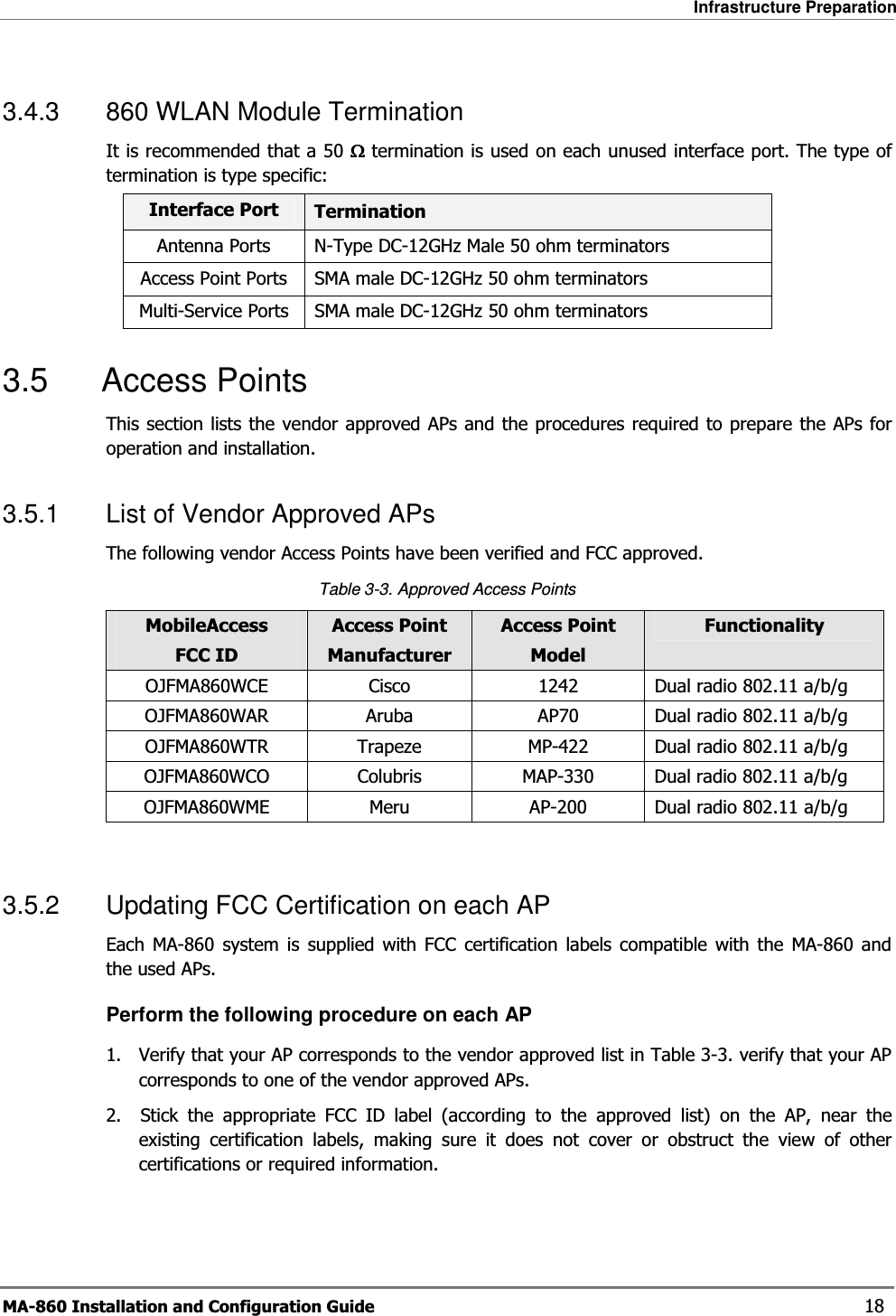 Infrastructure Preparation MA-860 Installation and Configuration Guide    18 3.4.3  860 WLAN Module Termination It is recommended that a 50 ΩΩΩΩ termination is used on each unused interface port. The type of termination is type specific: Interface Port  Termination Antenna Ports  N-Type DC-12GHz Male 50 ohm terminators Access Point Ports  SMA male DC-12GHz 50 ohm terminators Multi-Service Ports  SMA male DC-12GHz 50 ohm terminators 3.5 Access Points This section lists the vendor approved APs and the procedures required to prepare the APs for operation and installation.  3.5.1  List of Vendor Approved APs The following vendor Access Points have been verified and FCC approved.   Table  3-3. Approved Access Points MobileAccess FCC ID Access Point Manufacturer Access Point  Model Functionality OJFMA860WCE  Cisco  1242  Dual radio 802.11 a/b/g OJFMA860WAR  Aruba  AP70  Dual radio 802.11 a/b/g OJFMA860WTR  Trapeze  MP-422  Dual radio 802.11 a/b/g OJFMA860WCO  Colubris  MAP-330  Dual radio 802.11 a/b/g OJFMA860WME  Meru  AP-200  Dual radio 802.11 a/b/g  3.5.2  Updating FCC Certification on each AP Each MA-860 system is supplied with FCC certification labels compatible with the MA-860 and the used APs.  Perform the following procedure on each AP 1.   Verify that your AP corresponds to the vendor approved list in Table  3-3. verify that your AP corresponds to one of the vendor approved APs.  2.  Stick the appropriate FCC ID label (according to the approved list) on the AP, near the existing certification labels, making sure it does not cover or obstruct the view of other certifications or required information.  