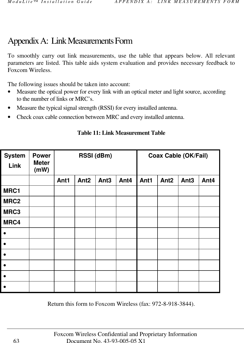 ModuLite™ Installation Guide APPENDIX A: LINK MEASUREMENTS FORM Foxcom Wireless Confidential and Proprietary Information Document No. 43-93-005-05 X1 63 Appendix A: Link Measurements Form To smoothly carry out link measurements, use the table that appears below. All relevant parameters are listed. This table aids system evaluation and provides necessary feedback to Foxcom Wireless. The following issues should be taken into account: • Measure the optical power for every link with an optical meter and light source, according to the number of links or MRC’s. • Measure the typical signal strength (RSSI) for every installed antenna. • Check coax cable connection between MRC and every installed antenna. Table 11: Link Measurement Table System Link Power Meter (mW) RSSI (dBm) Coax Cable (OK/Fail) Ant1 Ant2 Ant3 Ant4 Ant1 Ant2 Ant3 Ant4 MRC1 MRC2 MRC3 MRC4 • • • • • • Return this form to Foxcom Wireless (fax: 972-8-918-3844).