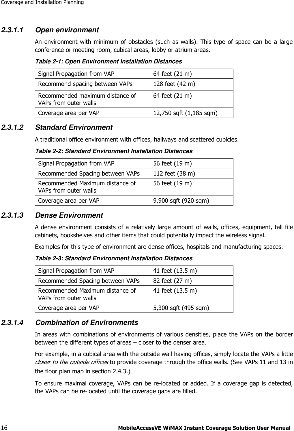 Coverage and Installation Planning 16 MobileAccessVE WiMAX Instant Coverage Solution User Manual 2.3.1.1 Open environment An environment with minimum of obstacles (such as walls).  This type  of  space  can  be a  large conference or meeting room, cubical areas, lobby or atrium areas. Table 2-1: Open Environment Installation Distances Signal Propagation from VAP 64 feet (21 m) Recommend spacing between VAPs 128 feet (42 m) Recommended maximum distance of VAPs from outer walls 64 feet (21 m) Coverage area per VAP 12,750 sqft (1,185 sqm) 2.3.1.2 Standard Environment A traditional office environment with offices, hallways and scattered cubicles. Table 2-2: Standard Environment Installation Distances Signal Propagation from VAP 56 feet (19 m) Recommended Spacing between VAPs 112 feet (38 m) Recommended Maximum distance of VAPs from outer walls 56 feet (19 m) Coverage area per VAP 9,900 sqft (920 sqm) 2.3.1.3 Dense Environment A dense environment  consists of a relatively large amount  of walls, offices, equipment, tall file cabinets, bookshelves and other items that could potentially impact the wireless signal. Examples for this type of environment are dense offices, hospitals and manufacturing spaces. Table 2-3: Standard Environment Installation Distances Signal Propagation from VAP 41 feet (13.5 m) Recommended Spacing between VAPs 82 feet (27 m) Recommended Maximum distance of VAPs from outer walls 41 feet (13.5 m) Coverage area per VAP 5,300 sqft (495 sqm) 2.3.1.4 Combination of Environments In areas with combinations of environments of various densities,  place the VAPs on the border between the different types of areas – closer to the denser area.  For example, in a cubical area with the outside wall having offices, simply locate the VAPs a little closer to the outside offices to provide coverage through the office walls. (See VAPs 11 and 13 in the floor plan map in section 2.4.3.) To ensure maximal coverage,  VAPs can be re-located or added. If a coverage gap is detected, the VAPs can be re-located until the coverage gaps are filled. 