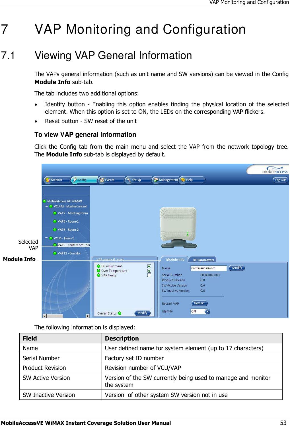 VAP Monitoring and Configuration MobileAccessVE WiMAX Instant Coverage Solution User Manual 53 7   VAP Monitoring and Configuration  7.1  Viewing VAP General Information The VAPs general information (such as unit name and SW versions) can be viewed in the Config Module Info sub-tab. The tab includes two additional options:  Identify  button  -  Enabling  this  option  enables  finding  the  physical  location  of  the  selected element. When this option is set to ON, the LEDs on the corresponding VAP flickers.  Reset button - SW reset of the unit To view VAP general information Click the Config  tab  from  the main menu and  select  the  VAP  from  the  network topology  tree. The Module Info sub-tab is displayed by default.  The following information is displayed: Field Description Name User defined name for system element (up to 17 characters) Serial Number Factory set ID number Product Revision Revision number of VCU/VAP SW Active Version Version of the SW currently being used to manage and monitor the system SW Inactive Version Version  of other system SW version not in use Selected VAP Module Info  