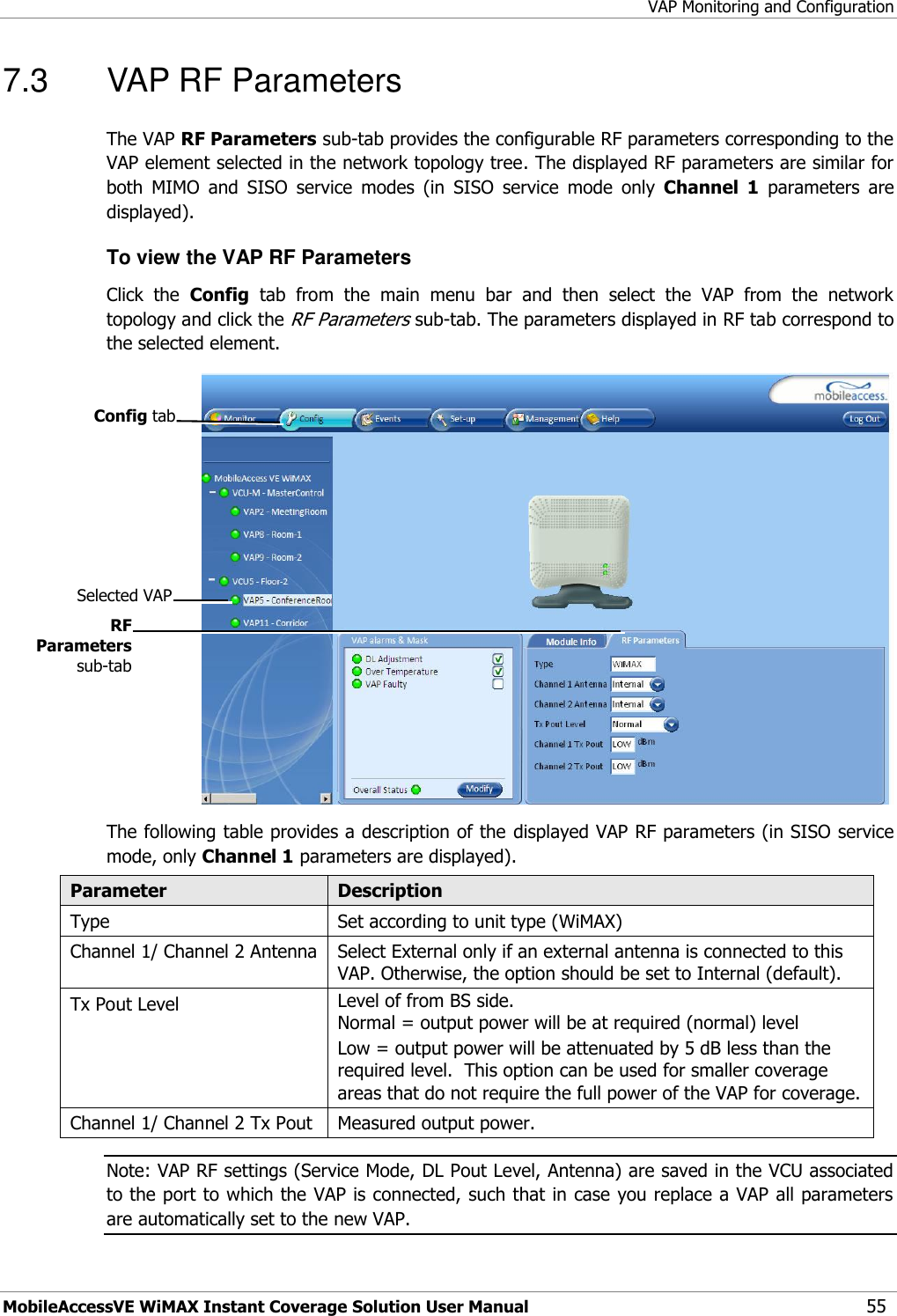 VAP Monitoring and Configuration MobileAccessVE WiMAX Instant Coverage Solution User Manual 55 7.3  VAP RF Parameters The VAP RF Parameters sub-tab provides the configurable RF parameters corresponding to the VAP element selected in the network topology tree. The displayed RF parameters are similar for both  MIMO  and  SISO  service  modes  (in  SISO  service  mode  only  Channel  1  parameters  are displayed).  To view the VAP RF Parameters Click  the  Config  tab  from  the  main  menu  bar  and  then  select  the  VAP  from  the  network topology and click the RF Parameters sub-tab. The parameters displayed in RF tab correspond to the selected element.  The following table provides a description of the  displayed VAP RF parameters (in SISO service mode, only Channel 1 parameters are displayed). Parameter Description Type Set according to unit type (WiMAX) Channel 1/ Channel 2 Antenna Select External only if an external antenna is connected to this VAP. Otherwise, the option should be set to Internal (default). Tx Pout Level Level of from BS side. Normal = output power will be at required (normal) level Low = output power will be attenuated by 5 dB less than the required level.  This option can be used for smaller coverage areas that do not require the full power of the VAP for coverage. Channel 1/ Channel 2 Tx Pout Measured output power.  Note: VAP RF settings (Service Mode, DL Pout Level, Antenna) are saved in the VCU associated to the port to which the VAP is connected, such that in case you replace a VAP all parameters are automatically set to the new VAP. Selected VAP Config tab RF Parameters sub-tab 