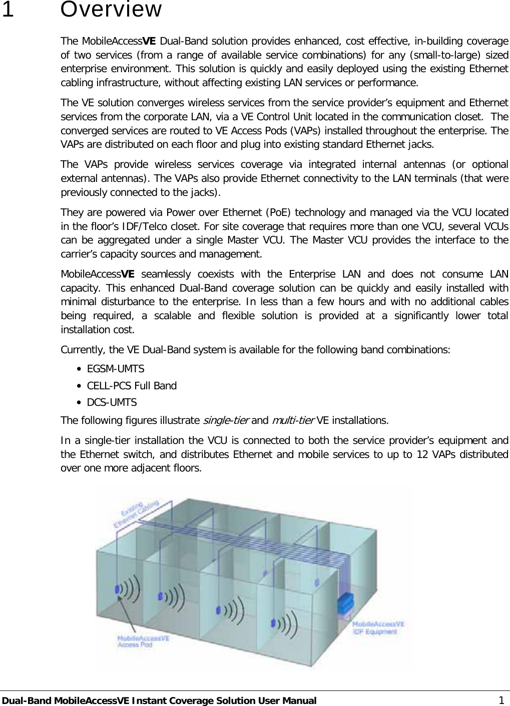 Dual-Band MobileAccessVE Instant Coverage Solution User Manual 1 1  Overview The MobileAccessVE Dual-Band solution provides enhanced, cost effective, in-building coverage of two services (from a range of available service combinations) for any (small-to-large) sized enterprise environment. This solution is quickly and easily deployed using the existing Ethernet cabling infrastructure, without affecting existing LAN services or performance. The VE solution converges wireless services from the service provider’s equipment and Ethernet services from the corporate LAN, via a VE Control Unit located in the communication closet.  The converged services are routed to VE Access Pods (VAPs) installed throughout the enterprise. The VAPs are distributed on each floor and plug into existing standard Ethernet jacks.  The VAPs provide wireless services coverage  via integrated internal antennas (or  optional external antennas). The VAPs also provide Ethernet connectivity to the LAN terminals (that were previously connected to the jacks).   They are powered via Power over Ethernet (PoE) technology and managed via the VCU located in the floor’s IDF/Telco closet. For site coverage that requires more than one VCU, several VCUs can be aggregated under a single Master VCU. The Master VCU provides the interface to the carrier’s capacity sources and management. MobileAccessVE seamlessly coexists with the Enterprise LAN and does not consume LAN capacity. This enhanced Dual-Band coverage solution can be quickly and easily installed with minimal disturbance to the enterprise. In less than a few hours and with no additional cables being  required, a scalable and flexible solution is provided at a significantly lower total installation cost. Currently, the VE Dual-Band system is available for the following band combinations:  · EGSM-UMTS · CELL-PCS Full Band · DCS-UMTS The following figures illustrate single-tier and multi-tier VE installations. In a single-tier installation the VCU is connected to both the service provider’s equipment and the Ethernet switch, and distributes Ethernet and mobile services to up to 12 VAPs distributed over one more adjacent floors.  