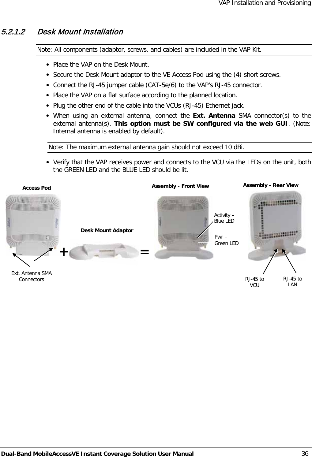 VAP Installation and Provisioning Dual-Band MobileAccessVE Instant Coverage Solution User Manual 36 5.2.1.2 Desk Mount Installation Note: All components (adaptor, screws, and cables) are included in the VAP Kit. · Place the VAP on the Desk Mount. · Secure the Desk Mount adaptor to the VE Access Pod using the (4) short screws. · Connect the RJ-45 jumper cable (CAT-5e/6) to the VAP’s RJ-45 connector. · Place the VAP on a flat surface according to the planned location. · Plug the other end of the cable into the VCUs (RJ-45) Ethernet jack.  · When using an external antenna, connect the Ext. Antenna SMA connector(s) to the external antenna(s). This option must be SW configured via the web GUI. (Note: Internal antenna is enabled by default). Note: The maximum external antenna gain should not exceed 10 dBi. · Verify that the VAP receives power and connects to the VCU via the LEDs on the unit, both the GREEN LED and the BLUE LED should be lit.             Desk Mount Adaptor Ext. Antenna SMA Connectors RJ-45 to LAN RJ-45 to VCU  Access Pod Assembly - Front View Assembly - Rear View Activity – Blue LED Pwr – Green LED + = 