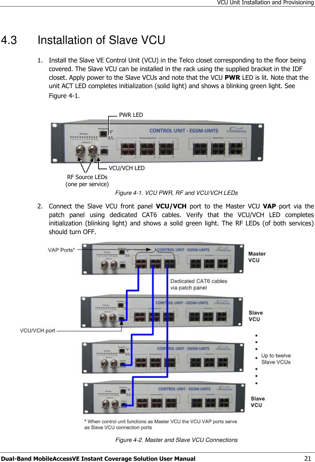 VCU Unit Installation and Provisioning Dual-Band MobileAccessVE Instant Coverage Solution User Manual  21 4.3  Installation of Slave VCU 1.  Install the Slave VE Control Unit (VCU) in the Telco closet corresponding to the floor being covered. The Slave VCU can be installed in the rack using the supplied bracket in the IDF closet. Apply power to the Slave VCUs and note that the VCU PWR LED is lit. Note that the unit ACT LED completes initialization (solid light) and shows a blinking green light. See Figure 4-1.           Figure 4-1. VCU PWR, RF and VCU/VCH LEDs 2.  Connect  the  Slave  VCU  front  panel  VCU/VCH  port  to  the  Master  VCU  VAP  port  via  the patch  panel  using  dedicated  CAT6  cables.  Verify  that  the  VCU/VCH  LED  completes initialization  (blinking  light)  and  shows  a  solid  green light.  The  RF LEDs  (of  both  services) should turn OFF.   Figure 4-2. Master and Slave VCU Connections PWR LED   VCU/VCH LED  RF Source LEDs  (one per service) 