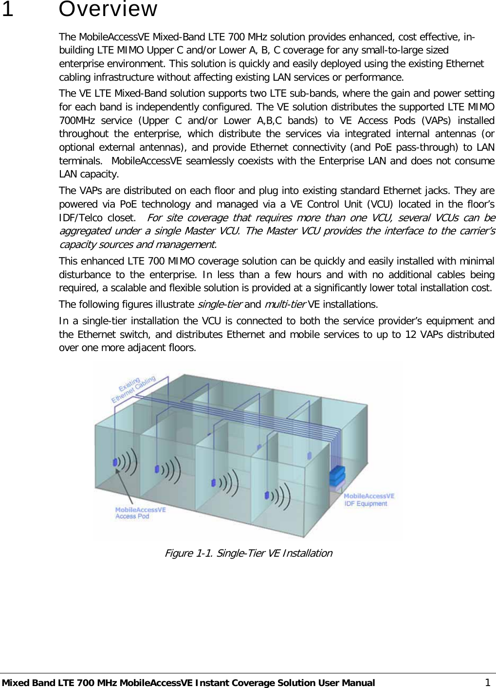  Mixed Band LTE 700 MHz MobileAccessVE Instant Coverage Solution User Manual 1 1  Overview The MobileAccessVE Mixed-Band LTE 700 MHz solution provides enhanced, cost effective, in-building LTE MIMO Upper C and/or Lower A, B, C coverage for any small-to-large sized enterprise environment. This solution is quickly and easily deployed using the existing Ethernet cabling infrastructure without affecting existing LAN services or performance.  The VE LTE Mixed-Band solution supports two LTE sub-bands, where the gain and power setting for each band is independently configured. The VE solution distributes the supported LTE MIMO 700MHz  service  (Upper C and/or Lower A,B,C bands)  to  VE Access Pods (VAPs) installed throughout the enterprise,  which distribute the services via integrated internal antennas (or optional external antennas), and provide Ethernet connectivity (and PoE pass-through) to LAN terminals.  MobileAccessVE seamlessly coexists with the Enterprise LAN and does not consume LAN capacity. The VAPs are distributed on each floor and plug into existing standard Ethernet jacks. They are powered via PoE technology and managed via a VE Control Unit (VCU) located in the floor’s IDF/Telco closet.   For site coverage that requires more than one VCU, several VCUs can be aggregated under a single Master VCU. The Master VCU provides the interface to the carrier’s capacity sources and management. This enhanced LTE 700 MIMO coverage solution can be quickly and easily installed with minimal disturbance to the enterprise. In less than a few hours and  with  no additional cables being required, a scalable and flexible solution is provided at a significantly lower total installation cost. The following figures illustrate single-tier and multi-tier VE installations. In a single-tier installation the VCU is connected to both the service provider’s equipment and the Ethernet switch, and distributes Ethernet and mobile services to up to 12 VAPs distributed over one more adjacent floors.  Figure  1-1. Single-Tier VE Installation 