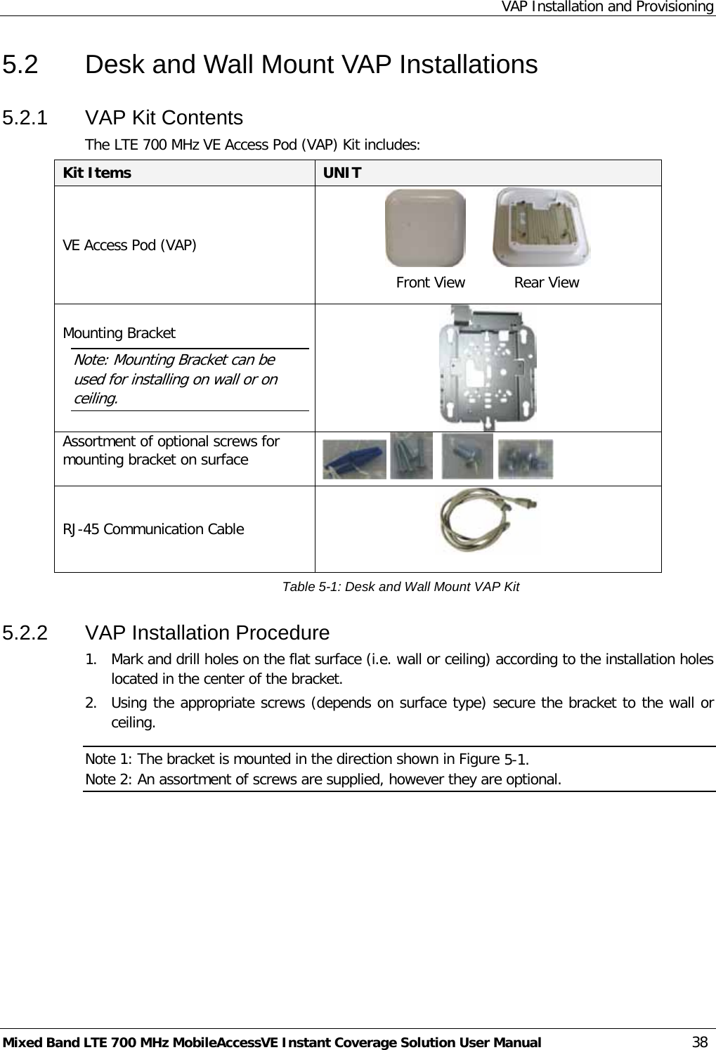 VAP Installation and Provisioning Mixed Band LTE 700 MHz MobileAccessVE Instant Coverage Solution User Manual  38 5.2  Desk and Wall Mount VAP Installations 5.2.1  VAP Kit Contents The LTE 700 MHz VE Access Pod (VAP) Kit includes:  Kit Items UNIT  VE Access Pod (VAP)           Mounting Bracket Note: Mounting Bracket can be used for installing on wall or on ceiling.  Assortment of optional screws for mounting bracket on surface         RJ-45 Communication Cable  Table  5-1: Desk and Wall Mount VAP Kit 5.2.2  VAP Installation Procedure 1.  Mark and drill holes on the flat surface (i.e. wall or ceiling) according to the installation holes located in the center of the bracket. 2.  Using the appropriate screws (depends on surface type) secure the bracket to the wall or ceiling. Note 1: The bracket is mounted in the direction shown in Figure  5-1.  Note 2: An assortment of screws are supplied, however they are optional. Rear View Front View 