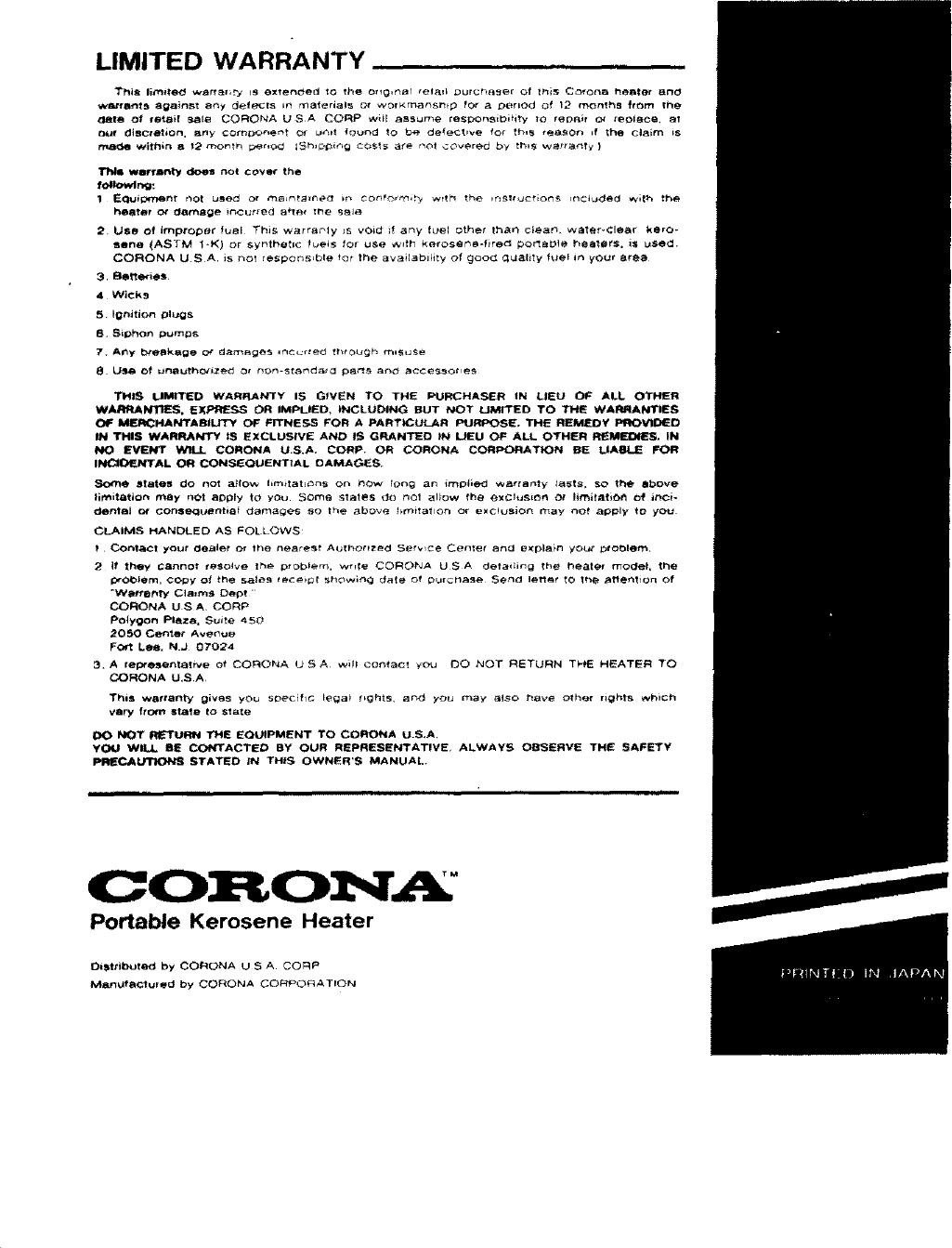 Page 12 of 12 - Corona 23DK User Manual  KEROSENE HEATER - Manuals And Guides L0711355