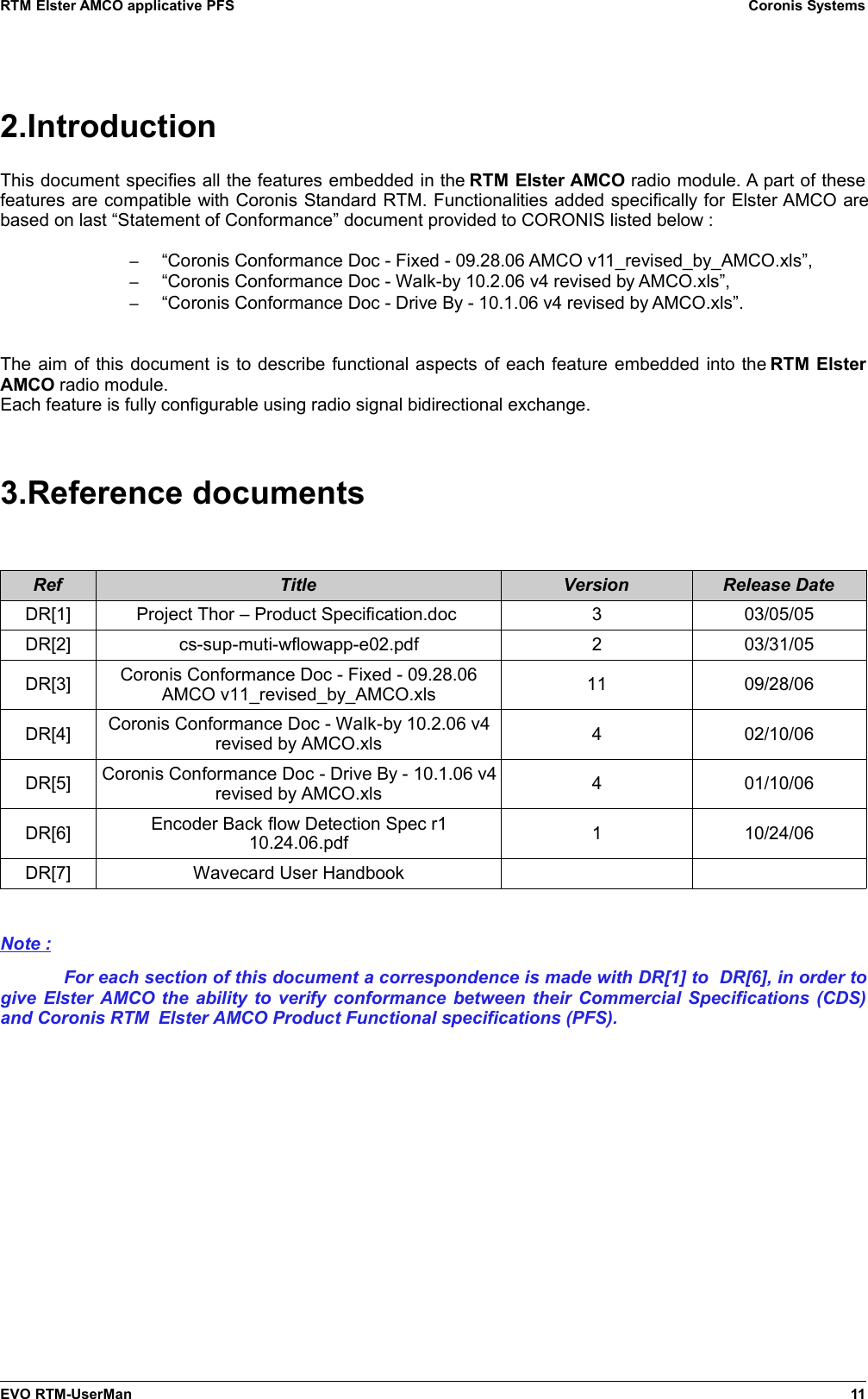 RTM Elster AMCO applicative PFS Coronis Systems2.IntroductionThis document specifies all the features embedded in the RTM Elster AMCO radio module. A part of thesefeatures are compatible with Coronis Standard RTM. Functionalities added specifically for Elster AMCO arebased on last “Statement of Conformance” document provided to CORONIS listed below :–“Coronis Conformance Doc - Fixed - 09.28.06 AMCO v11_revised_by_AMCO.xls”,–“Coronis Conformance Doc - Walk-by 10.2.06 v4 revised by AMCO.xls”,–“Coronis Conformance Doc - Drive By - 10.1.06 v4 revised by AMCO.xls”.The aim of this document is to describe functional aspects of each feature embedded into the RTM ElsterAMCO radio module.Each feature is fully configurable using radio signal bidirectional exchange.3.Reference documentsRef Title Version Release DateDR[1] Project Thor – Product Specification.doc  3 03/05/05DR[2] cs-sup-muti-wflowapp-e02.pdf 2 03/31/05DR[3] Coronis Conformance Doc - Fixed - 09.28.06AMCO v11_revised_by_AMCO.xls 11 09/28/06DR[4] Coronis Conformance Doc - Walk-by 10.2.06 v4revised by AMCO.xls 4 02/10/06DR[5] Coronis Conformance Doc - Drive By - 10.1.06 v4revised by AMCO.xls 4 01/10/06DR[6] Encoder Back flow Detection Spec r110.24.06.pdf 1 10/24/06DR[7] Wavecard User HandbookNote :For each section of this document a correspondence is made with DR[1] to  DR[6], in order togive Elster AMCO the ability to verify conformance between their Commercial Specifications (CDS)and Coronis RTM  Elster AMCO Product Functional specifications (PFS).EVO RTM-UserMan 11