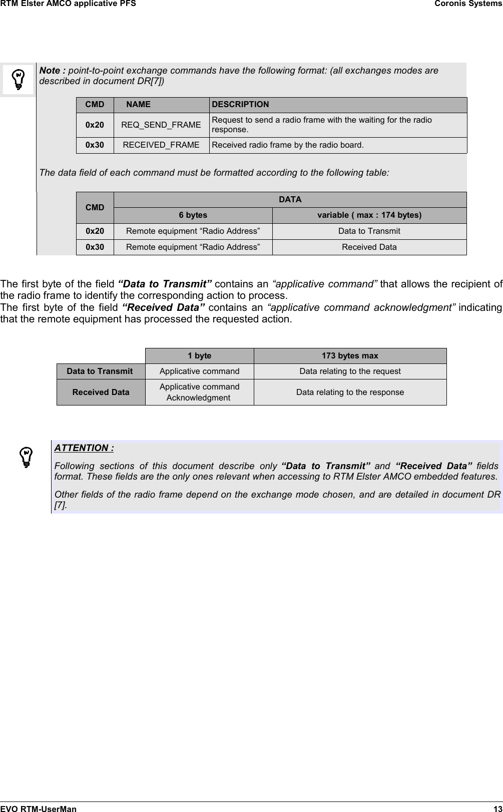 RTM Elster AMCO applicative PFS Coronis SystemsNote : point-to-point exchange commands have the following format: (all exchanges modes aredescribed in document DR[7])CMD NAME DESCRIPTION0x20 REQ_SEND_FRAME Request to send a radio frame with the waiting for the radioresponse.0x30 RECEIVED_FRAME Received radio frame by the radio board.The data field of each command must be formatted according to the following table:CMDDATA6 bytes variable ( max : 174 bytes)0x20 Remote equipment “Radio Address” Data to Transmit0x30 Remote equipment “Radio Address” Received DataThe first byte of the field “Data to Transmit” contains an “applicative command” that allows the recipient ofthe radio frame to identify the corresponding action to process.The first byte of the field  “Received Data”  contains an  “applicative command acknowledgment”  indicatingthat the remote equipment has processed the requested action.1 byte 173 bytes maxData to Transmit  Applicative command Data relating to the requestReceived Data Applicative commandAcknowledgment  Data relating to the responseATTENTION : Following   sections   of   this   document   describe   only  “Data   to   Transmit”  and  “Received   Data”  fieldsformat. These fields are the only ones relevant when accessing to RTM Elster AMCO embedded features.Other fields of the radio frame depend on the exchange mode chosen, and are detailed in document DR[7].EVO RTM-UserMan 13