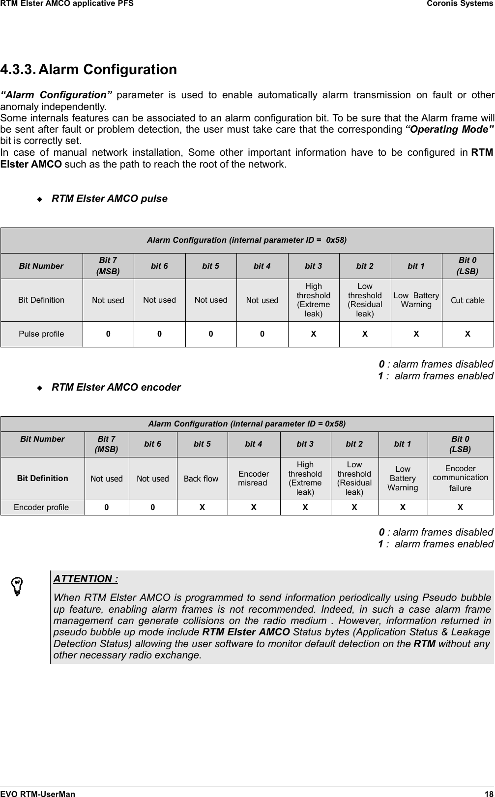 RTM Elster AMCO applicative PFS Coronis Systems4.3.3. Alarm Configuration“Alarm  Configuration” parameter  is  used  to  enable   automatically  alarm   transmission   on  fault   or  otheranomaly independently.Some internals features can be associated to an alarm configuration bit. To be sure that the Alarm frame willbe sent after fault or problem detection, the user must take care that the corresponding “Operating Mode”bit is correctly set.In case of manual network  installation, Some other important information have to be configured in  RTMElster AMCO such as the path to reach the root of the network.RTM Elster AMCO pulseAlarm Configuration (internal parameter ID =  0x58)Bit Number Bit 7(MSB) bit 6 bit 5 bit 4 bit 3 bit 2 bit 1 Bit 0(LSB)Bit Definition Not used Not used Not used Not usedHighthreshold(Extremeleak)Lowthreshold(Residualleak)Low  BatteryWarning Cut cablePulse profile 0 0 0 0 X X X X0 : alarm frames disabled1 :  alarm frames enabledRTM Elster AMCO encoderAlarm Configuration (internal parameter ID = 0x58)Bit Number Bit 7(MSB) bit 6 bit 5 bit 4 bit 3 bit 2 bit 1 Bit 0(LSB)Bit Definition Not used Not used Back flow  Encodermisread Highthreshold(Extremeleak)Lowthreshold(Residualleak)LowBatteryWarningEncodercommunicationfailureEncoder profile  0 0 X X X X X X0 : alarm frames disabled1 :  alarm frames enabledATTENTION : When RTM Elster AMCO is programmed to send information periodically using Pseudo bubbleup feature, enabling alarm frames is not recommended. Indeed, in such a case alarm framemanagement can generate collisions on the radio medium . However, information returned inpseudo bubble up mode include RTM Elster AMCO Status bytes (Application Status &amp; LeakageDetection Status) allowing the user software to monitor default detection on the RTM without anyother necessary radio exchange.EVO RTM-UserMan 18