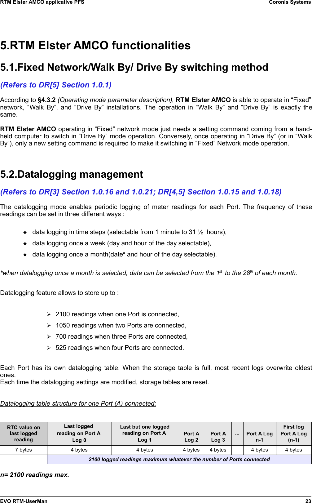 RTM Elster AMCO applicative PFS Coronis Systems5.RTM Elster AMCO functionalities5.1.Fixed Network/Walk By/ Drive By switching method(Refers to DR[5] Section 1.0.1)According to §4.3.2 (Operating mode parameter description), RTM Elster AMCO is able to operate in “Fixed”network, “Walk By”, and “Drive By” installations. The operation in “Walk By” and “Drive By” is exactly thesame. RTM Elster AMCO operating in “Fixed” network mode just needs a setting command coming from a hand-held computer to switch in “Drive By” mode operation. Conversely, once operating in “Drive By” (or in “WalkBy”), only a new setting command is required to make it switching in “Fixed” Network mode operation.5.2.Datalogging management(Refers to DR[3] Section 1.0.16 and 1.0.21; DR[4,5] Section 1.0.15 and 1.0.18)The datalogging mode enables periodic logging of meter readings for each Port. The frequency of thesereadings can be set in three different ways :data logging in time steps (selectable from 1 minute to 31 ½  hours),data logging once a week (day and hour of the day selectable),data logging once a month(date* and hour of the day selectable).*when datalogging once a month is selected, date can be selected from the 1st   to the 28th of each month.Datalogging feature allows to store up to :➢2100 readings when one Port is connected,➢1050 readings when two Ports are connected,➢700 readings when three Ports are connected,➢525 readings when four Ports are connected.Each Port has its own datalogging table. When the storage table is full, most recent logs overwrite oldestones.Each time the datalogging settings are modified, storage tables are reset.Datalogging table structure for one Port (A) connected:RTC value onlast loggedreadingLast logged reading on Port A Log 0Last but one loggedreading on Port A Log 1Port ALog 2Port ALog 3... Port A Logn-1First logPort A Log(n-1)7 bytes 4 bytes 4 bytes 4 bytes 4 bytes 4 bytes 4 bytes2100 logged readings maximum whatever the number of Ports connectedn= 2100 readings max.EVO RTM-UserMan 23