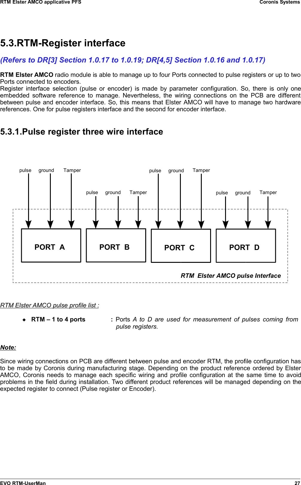 RTM Elster AMCO applicative PFS Coronis Systems5.3.RTM-Register interface(Refers to DR[3] Section 1.0.17 to 1.0.19; DR[4,5] Section 1.0.16 and 1.0.17)RTM Elster AMCO radio module is able to manage up to four Ports connected to pulse registers or up to twoPorts connected to encoders.Register interface selection (pulse or encoder) is made by parameter configuration. So, there is only oneembedded software reference to manage. Nevertheless, the wiring connections on the PCB are differentbetween pulse and encoder interface. So, this means that Elster AMCO will have to manage two hardwarereferences. One for pulse registers interface and the second for encoder interface.5.3.1.Pulse register three wire interfaceRTM Elster AMCO pulse profile list :RTM – 1 to 4 ports :  Ports  A to D are used for measurement of pulses coming  from     pulse registers.Note:Since wiring connections on PCB are different between pulse and encoder RTM, the profile configuration hasto be made by Coronis during manufacturing stage. Depending on the product reference ordered by ElsterAMCO, Coronis needs to manage each specific wiring and profile configuration at the same time to avoidproblems in the field during installation. Two different product references will be managed depending on theexpected register to connect (Pulse register or Encoder).EVO RTM-UserMan 27RTM  Elster AMCO pulse InterfacePORT  Apulse TampergroundPORT  Bpulse groundPORT  Cpulse groundPORT  Dpulse groundTamperTamperTamper