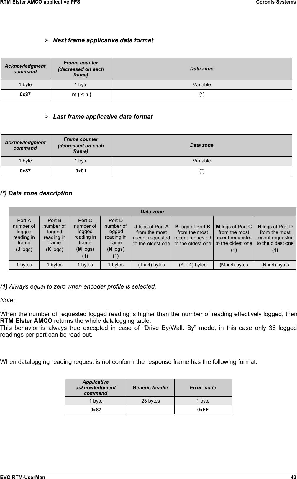 RTM Elster AMCO applicative PFS Coronis Systems➢Next frame applicative data formatAcknowledgmentcommandFrame counter(decreased on eachframe)Data zone1 byte 1 byte Variable0x87  m ( &lt; n ) (*)➢Last frame applicative data formatAcknowledgmentcommandFrame counter(decreased on eachframe)Data zone1 byte 1 byte Variable0x87 0x01 (*)(*) Data zone descriptionData zonePort Anumber ofloggedreading inframe(J logs)Port Bnumber ofloggedreading inframe(K logs)Port Cnumber ofloggedreading inframe(M logs)(1)Port Dnumber ofloggedreading inframe(N logs)(1)J logs of Port Afrom the mostrecent requestedto the oldest oneK logs of Port Bfrom the mostrecent requestedto the oldest oneM logs of Port Cfrom the mostrecent requestedto the oldest one(1)N logs of Port Dfrom the mostrecent requestedto the oldest one(1)1 bytes 1 bytes 1 bytes 1 bytes (J x 4) bytes (K x 4) bytes (M x 4) bytes (N x 4) bytes(1) Always equal to zero when encoder profile is selected.Note:When the number of requested logged reading is higher than the number of reading effectively logged, thenRTM Elster AMCO returns the whole datalogging table.This behavior is  always true excepted in case  of “Drive By/Walk  By” mode,  in this case  only 36 loggedreadings per port can be read out.When datalogging reading request is not conform the response frame has the following format:ApplicativeacknowledgmentcommandGeneric header Error  code1 byte 23 bytes 1 byte0x87 0xFFEVO RTM-UserMan 42