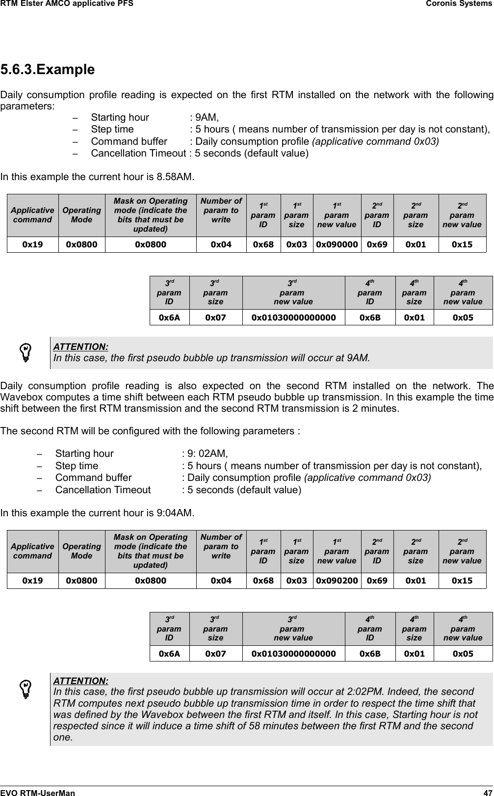 RTM Elster AMCO applicative PFS Coronis Systems5.6.3.ExampleDaily consumption profile reading is expected on the first RTM installed on the network with the followingparameters:–Starting hour     : 9AM,–Step time          : 5 hours ( means number of transmission per day is not constant),–Command buffer     : Daily consumption profile (applicative command 0x03)–Cancellation Timeout : 5 seconds (default value)In this example the current hour is 8.58AM.ApplicativecommandOperatingModeMask on Operatingmode (indicate thebits that must beupdated)Number ofparam towrite1stparamID1stparamsize1stparamnew value2ndparamID2ndparamsize2ndparamnew value0x19 0x0800 0x0800 0x04 0x68 0x03 0x090000 0x69 0x01 0x153rdparamID3rd paramsize3rd param new value4thparamID4thparamsize4thparamnew value0x6A 0x07 0x01030000000000 0x6B 0x01 0x05ATTENTION:In this case, the first pseudo bubble up transmission will occur at 9AM.Daily  consumption  profile   reading   is   also   expected   on   the   second   RTM   installed   on   the   network.   TheWavebox computes a time shift between each RTM pseudo bubble up transmission. In this example the timeshift between the first RTM transmission and the second RTM transmission is 2 minutes.The second RTM will be configured with the following parameters :–Starting hour  : 9: 02AM,–Step time       : 5 hours ( means number of transmission per day is not constant),–Command buffer  : Daily consumption profile (applicative command 0x03)–Cancellation Timeout  : 5 seconds (default value)In this example the current hour is 9:04AM.ApplicativecommandOperatingModeMask on Operatingmode (indicate thebits that must beupdated)Number ofparam towrite1stparamID1stparamsize1stparamnew value2ndparamID2ndparamsize2ndparamnew value0x19 0x0800 0x0800 0x04 0x68 0x03 0x090200 0x69 0x01 0x153rdparamID3rd paramsize3rd param new value4thparamID4thparamsize4thparamnew value0x6A 0x07 0x01030000000000 0x6B 0x01 0x05ATTENTION:In this case, the first pseudo bubble up transmission will occur at 2:02PM. Indeed, the secondRTM computes next pseudo bubble up transmission time in order to respect the time shift thatwas defined by the Wavebox between the first RTM and itself. In this case, Starting hour is notrespected since it will induce a time shift of 58 minutes between the first RTM and the secondone.EVO RTM-UserMan 47