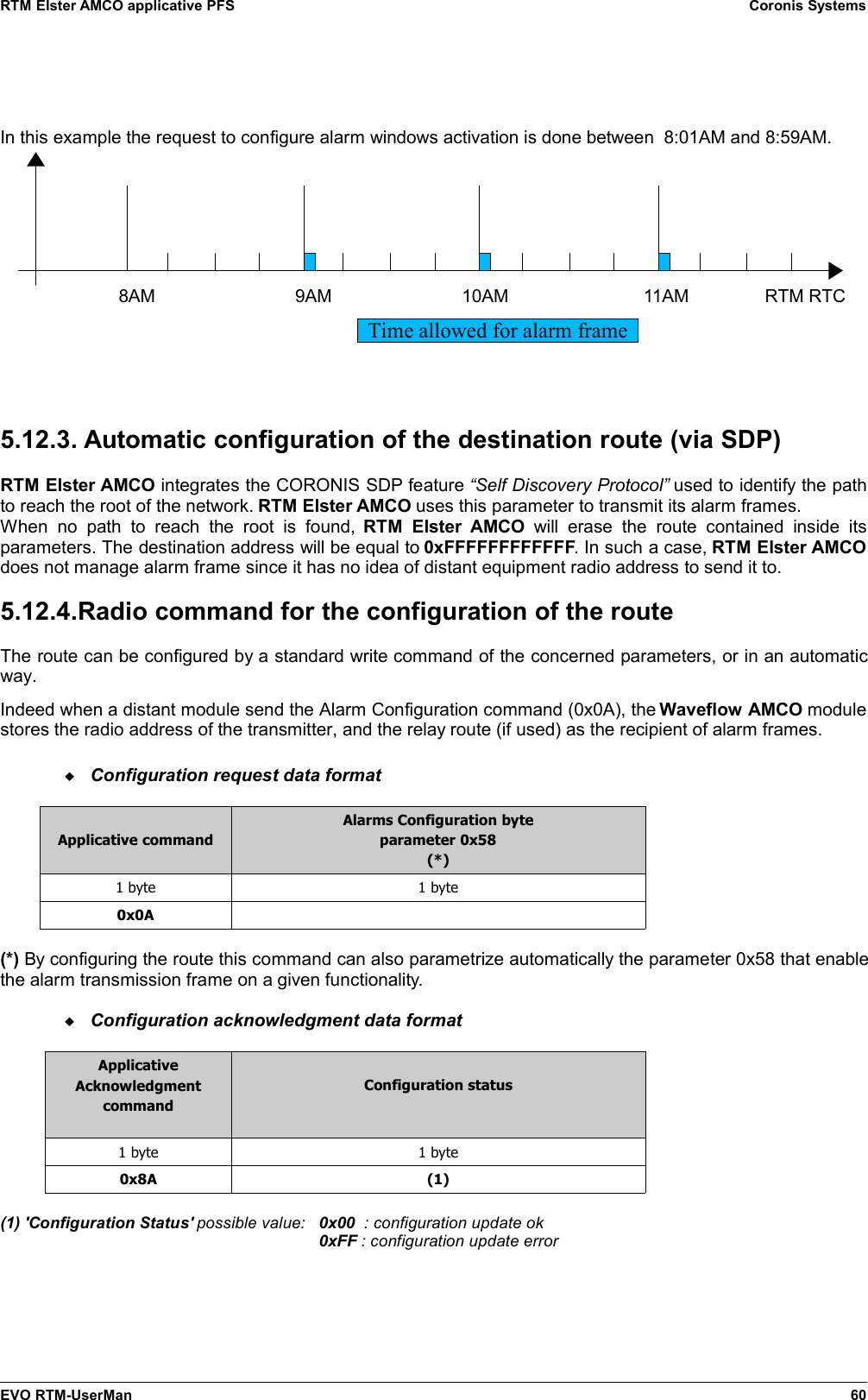 RTM Elster AMCO applicative PFS Coronis SystemsIn this example the request to configure alarm windows activation is done between  8:01AM and 8:59AM.           8AM               9AM                          10AM                           11AM RTM RTC5.12.3. Automatic configuration of the destination route (via SDP)RTM Elster AMCO integrates the CORONIS SDP feature “Self Discovery Protocol” used to identify the pathto reach the root of the network. RTM Elster AMCO uses this parameter to transmit its alarm frames.When   no   path   to   reach   the   root   is   found,  RTM   Elster AMCO  will  erase   the  route   contained  inside   itsparameters. The destination address will be equal to 0xFFFFFFFFFFFF. In such a case, RTM Elster AMCOdoes not manage alarm frame since it has no idea of distant equipment radio address to send it to.5.12.4.Radio command for the configuration of the routeThe route can be configured by a standard write command of the concerned parameters, or in an automaticway.Indeed when a distant module send the Alarm Configuration command (0x0A), the Waveflow AMCO modulestores the radio address of the transmitter, and the relay route (if used) as the recipient of alarm frames.Configuration request data formatApplicative commandAlarms Configuration byteparameter 0x58(*)1 byte 1 byte0x0A(*) By configuring the route this command can also parametrize automatically the parameter 0x58 that enablethe alarm transmission frame on a given functionality.Configuration acknowledgment data formatApplicativeAcknowledgmentcommandConfiguration status1 byte 1 byte0x8A (1)(1) &apos;Configuration Status&apos; possible value:  0x00  : configuration update ok0xFF : configuration update errorEVO RTM-UserMan 60Time allowed for alarm frame